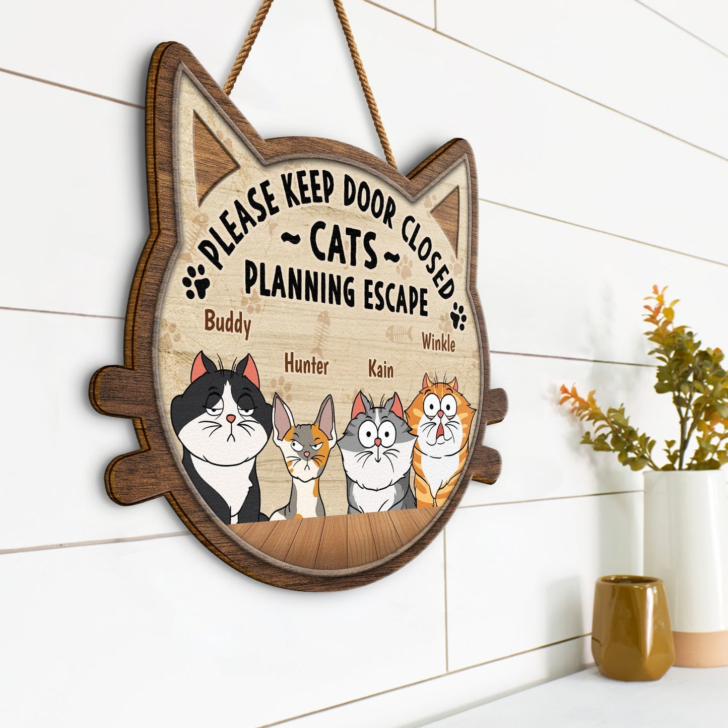 Custom Cat Lovers Wood Sign - 'Keep Door Closed, Cats Planning Escape!'