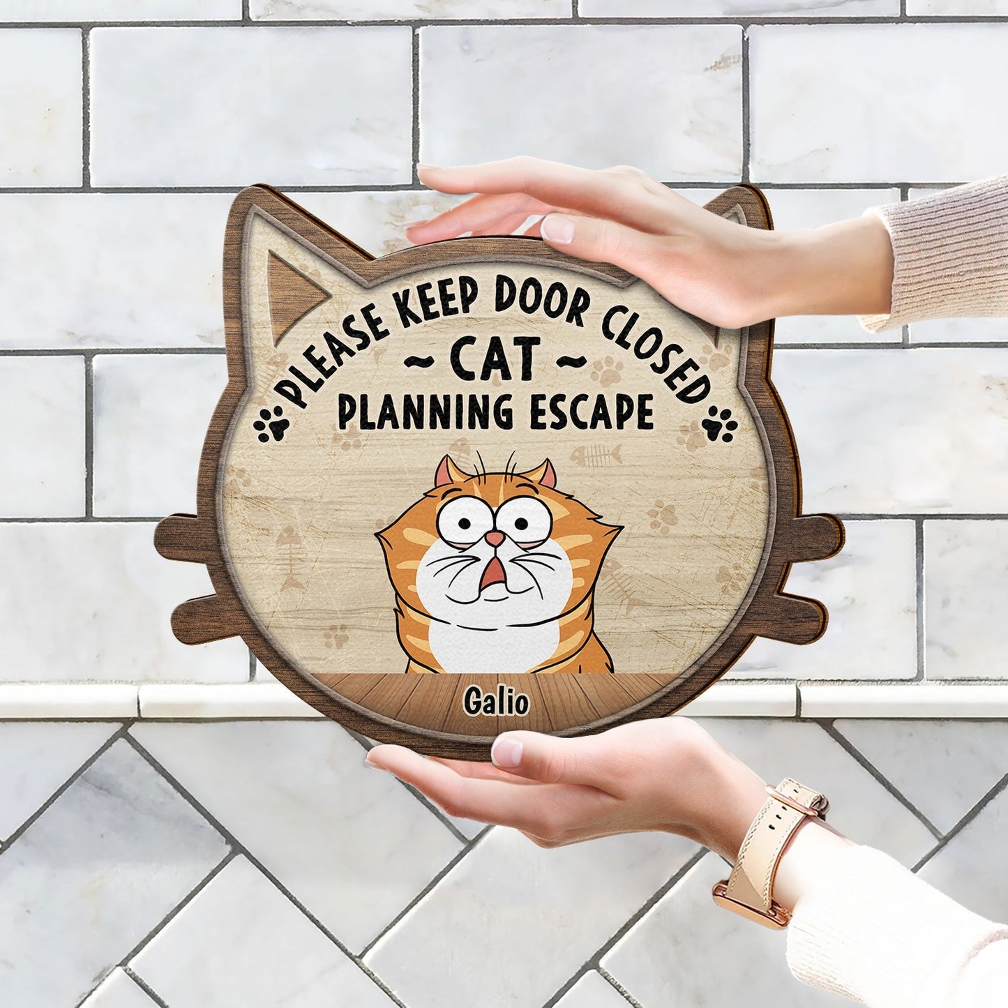 Custom Cat Lovers Wood Sign - 'Keep Door Closed, Cats Planning Escape!'