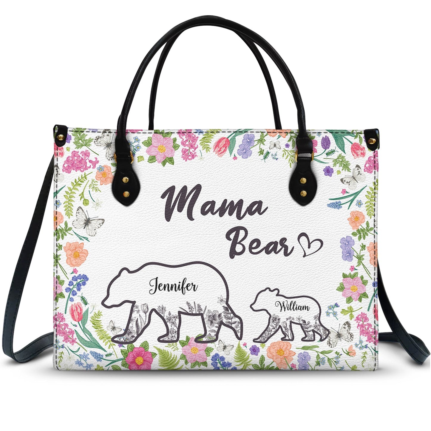Personalized Mama Bear Leather Tote Bag - Custom Floral Gift for Mom