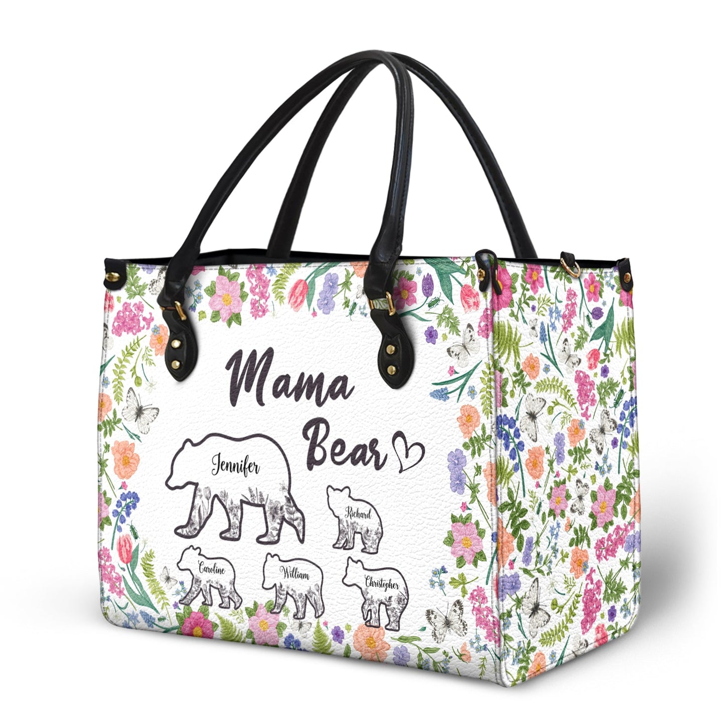 Personalized Mama Bear Leather Tote Bag - Custom Floral Gift for Mom