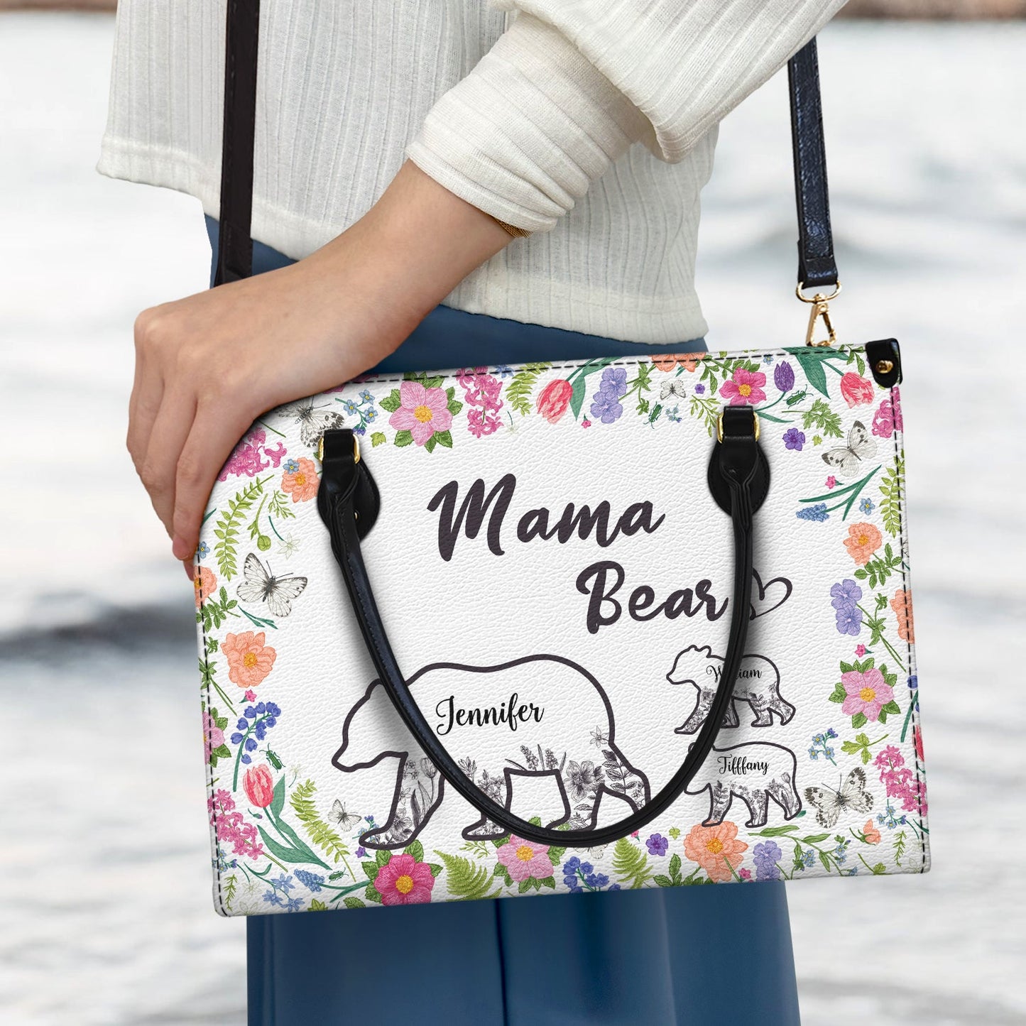 Personalized Mama Bear Leather Tote Bag - Custom Floral Gift for Mom