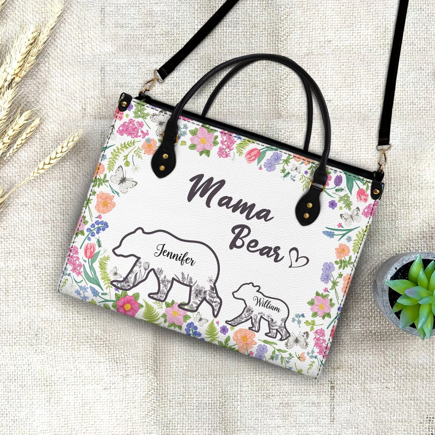 Personalized Mama Bear Leather Tote Bag - Custom Floral Gift for Mom