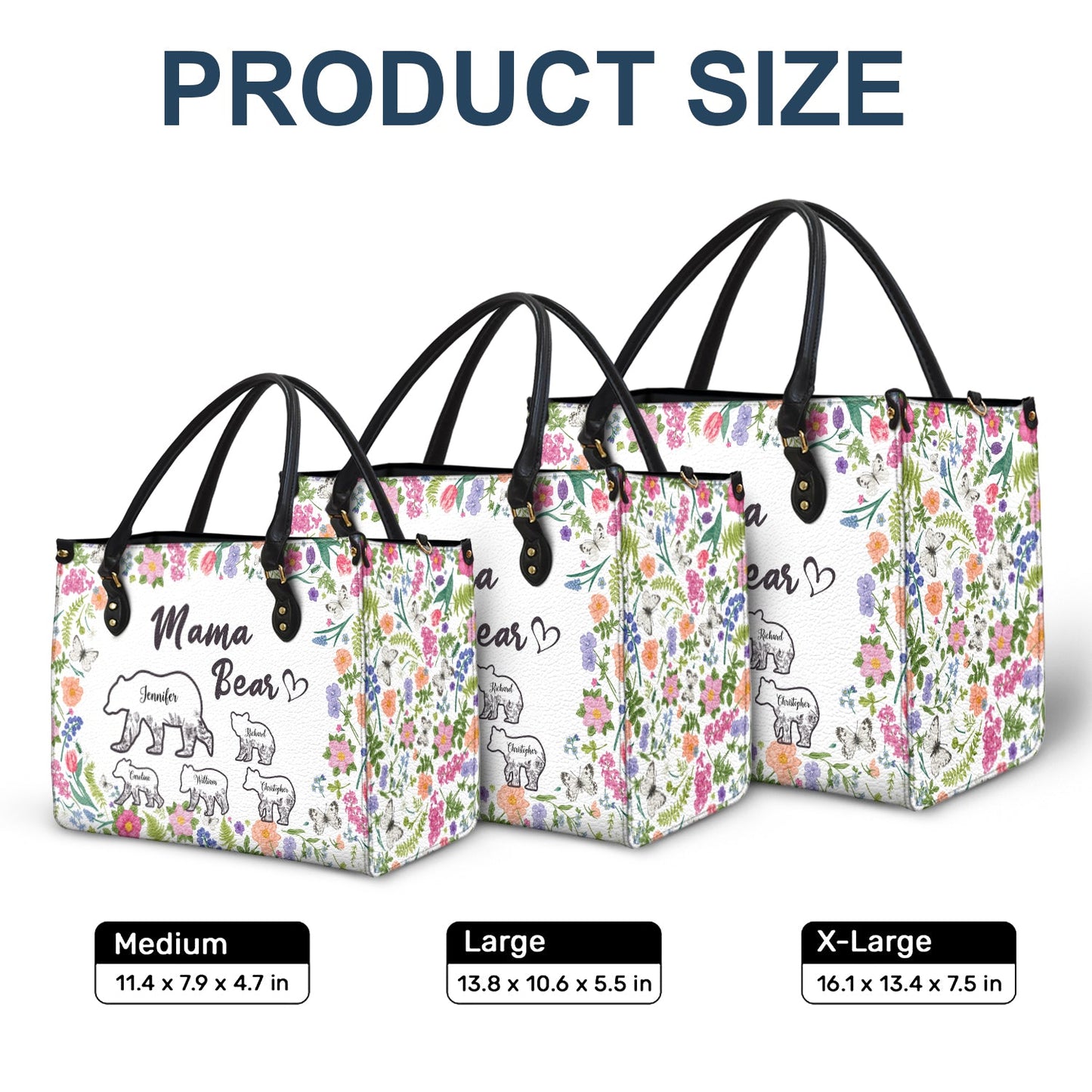 Personalized Mama Bear Leather Tote Bag - Custom Floral Gift for Mom