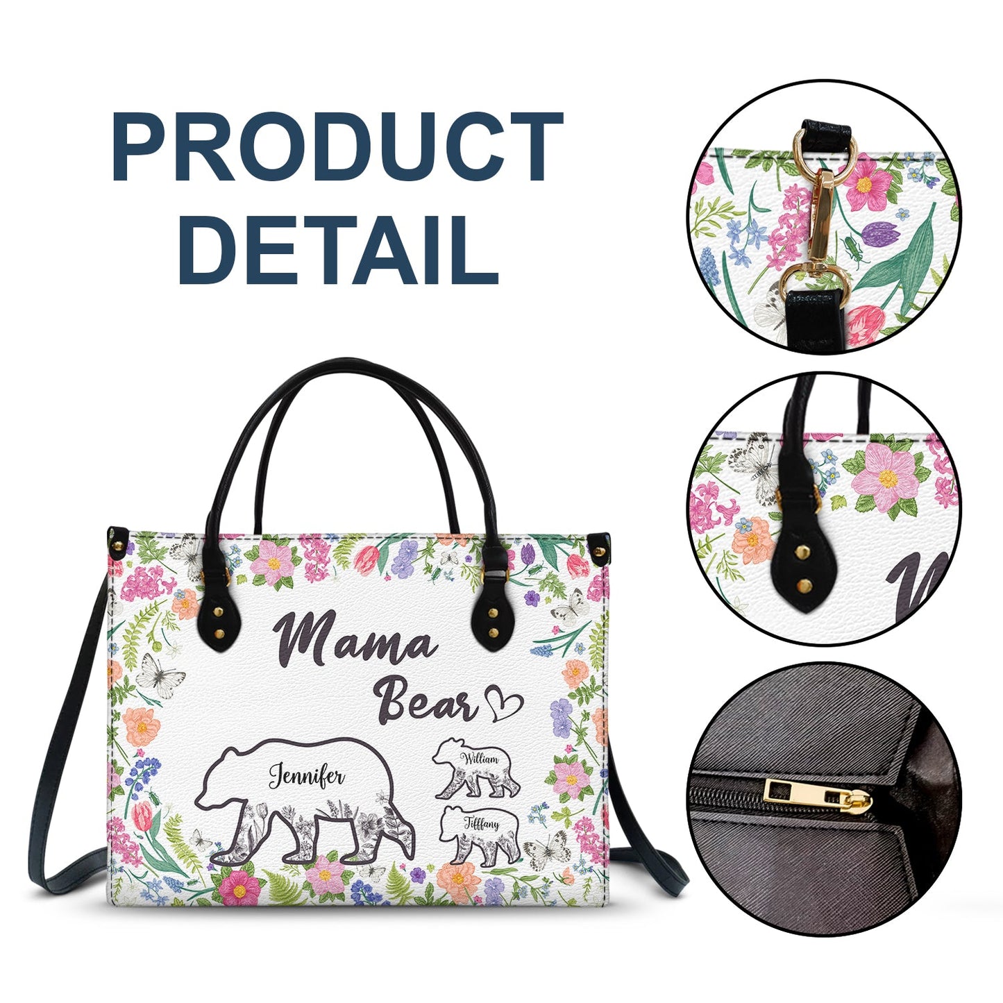 Personalized Mama Bear Leather Tote Bag - Custom Floral Gift for Mom