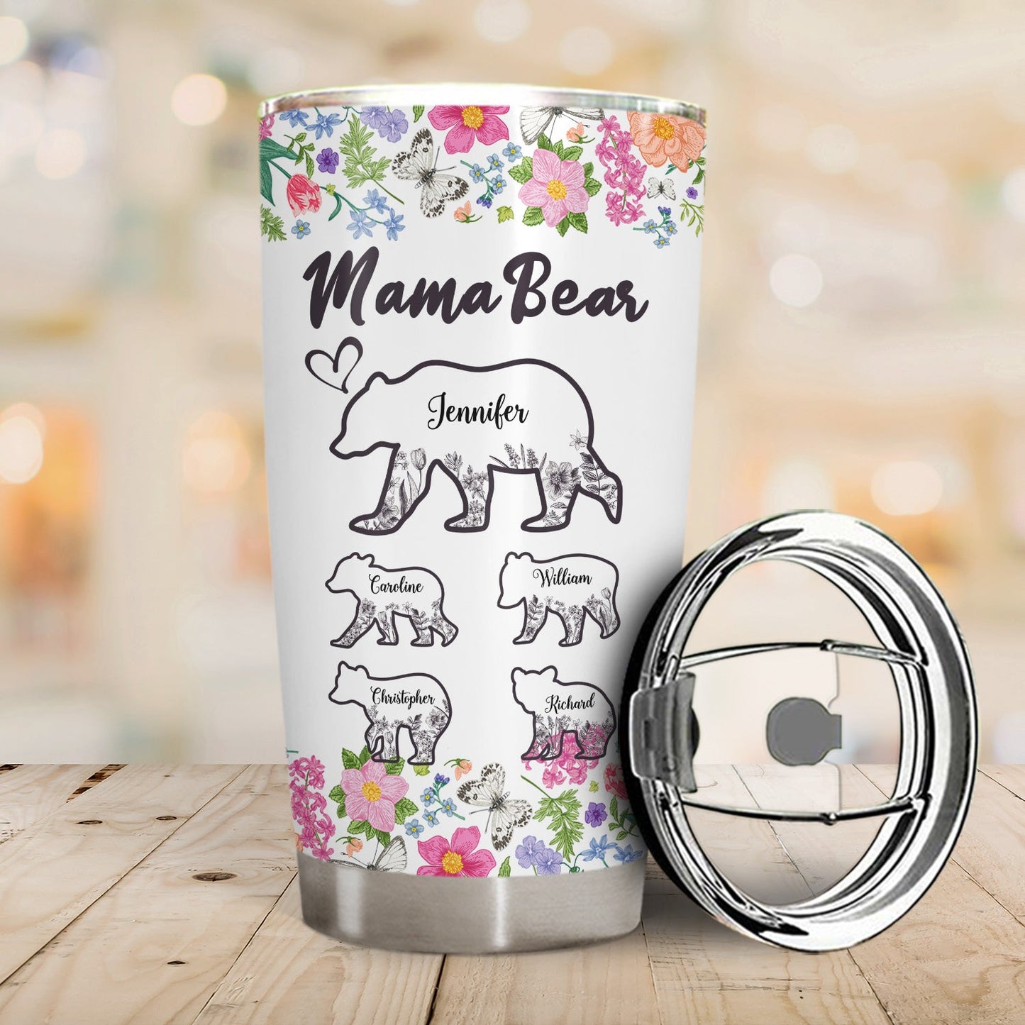 Personalized Floral Mama Bear Tumbler with Kids' Names - Gift for Mom