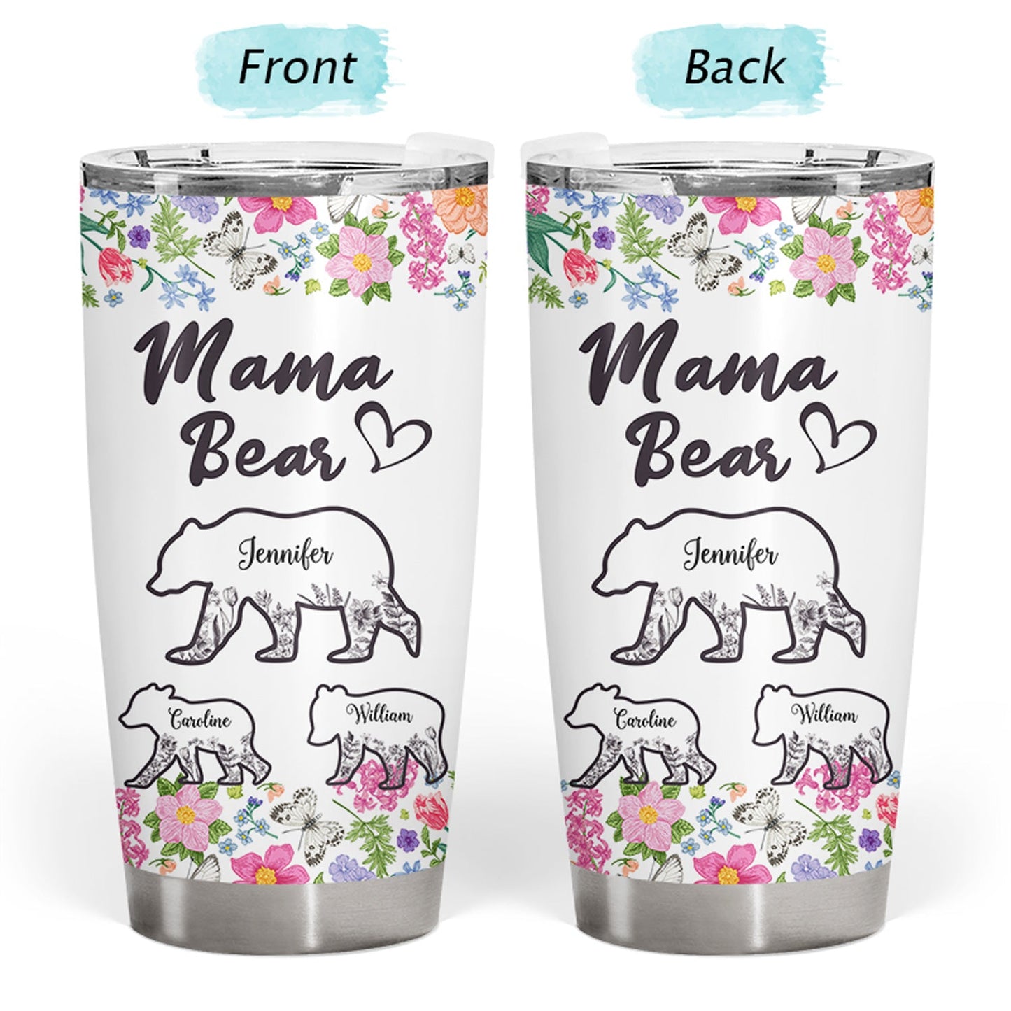 Personalized Floral Mama Bear Tumbler with Kids' Names - Gift for Mom
