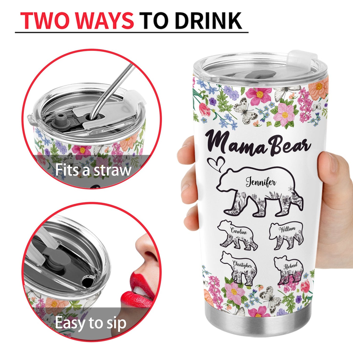 Personalized Floral Mama Bear Tumbler with Kids' Names - Gift for Mom