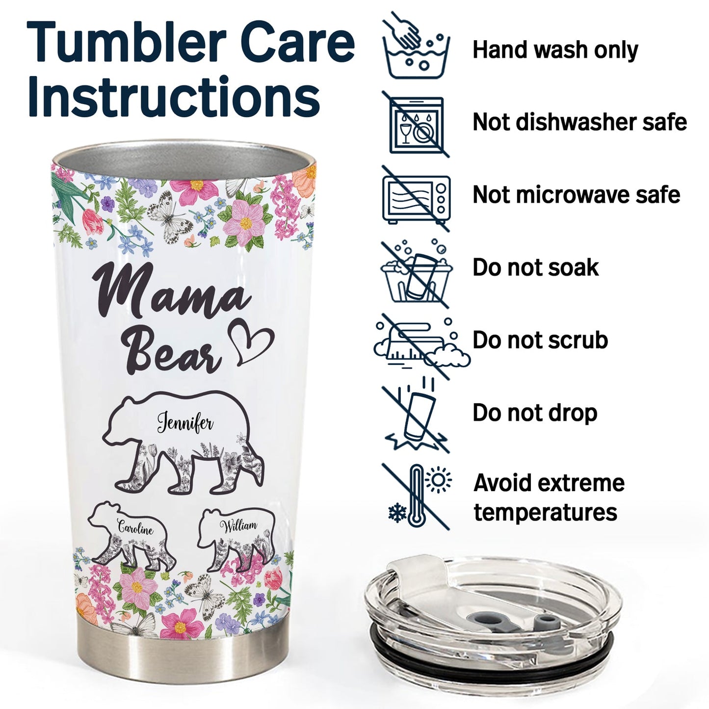 Personalized Floral Mama Bear Tumbler with Kids' Names - Gift for Mom