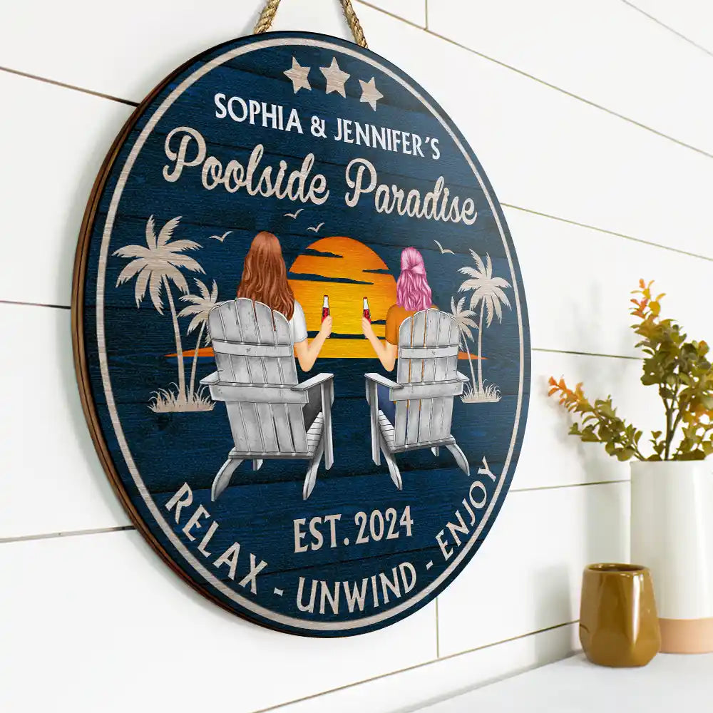 Personalized Couple's Poolside Wood Sign - Relax, Unwind, Enjoy