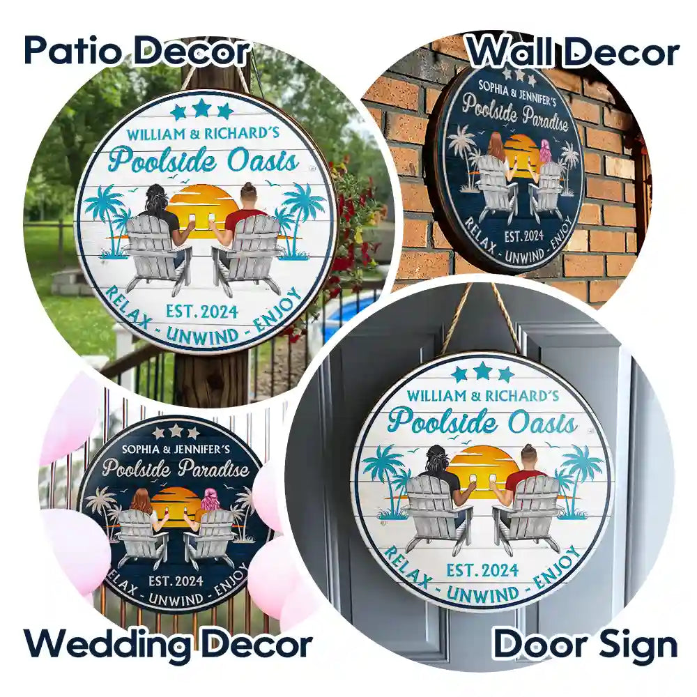 Personalized Couple's Poolside Wood Sign - Relax, Unwind, Enjoy