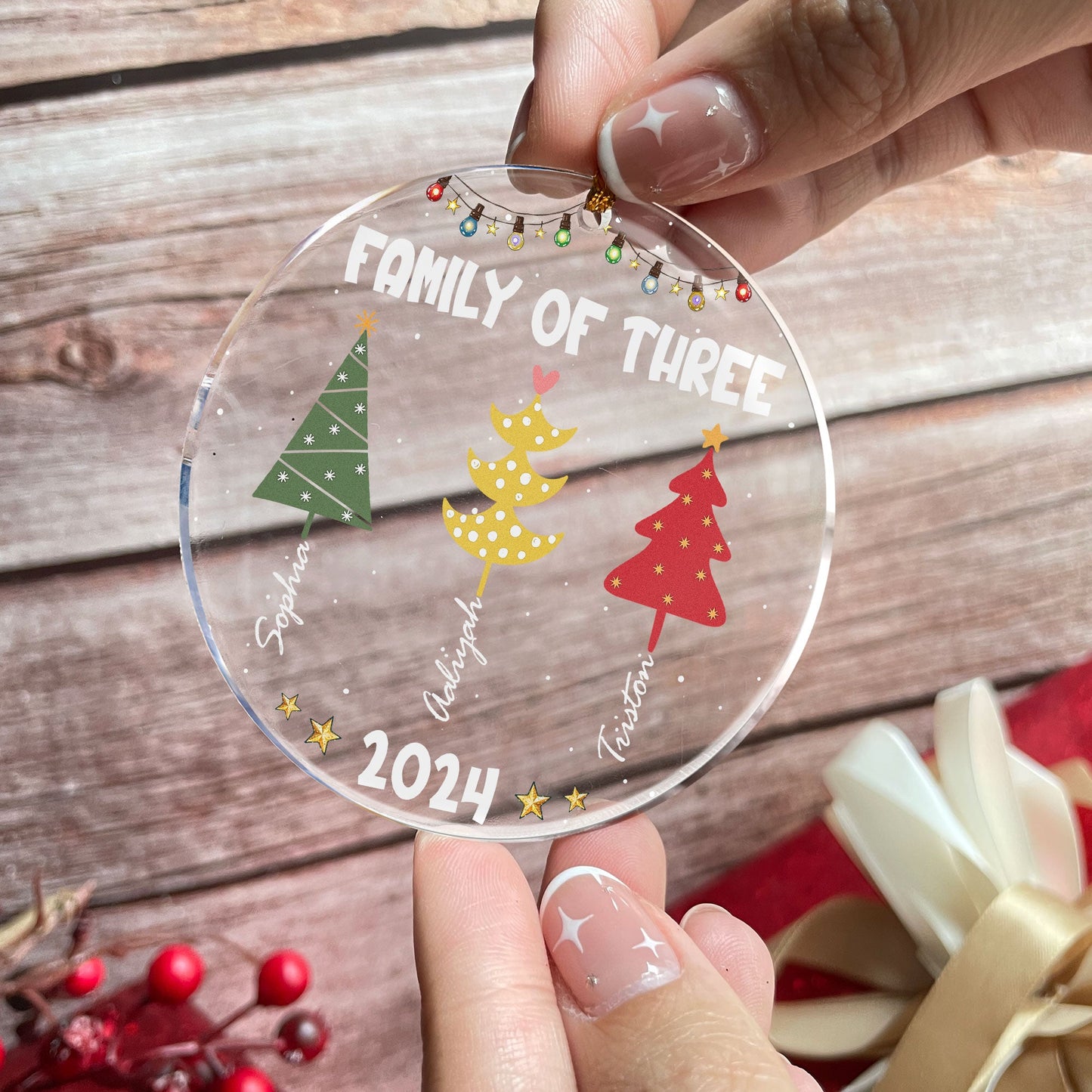 Personalized 'Family of Three' Christmas Acrylic Ornament 2024 Keepsake