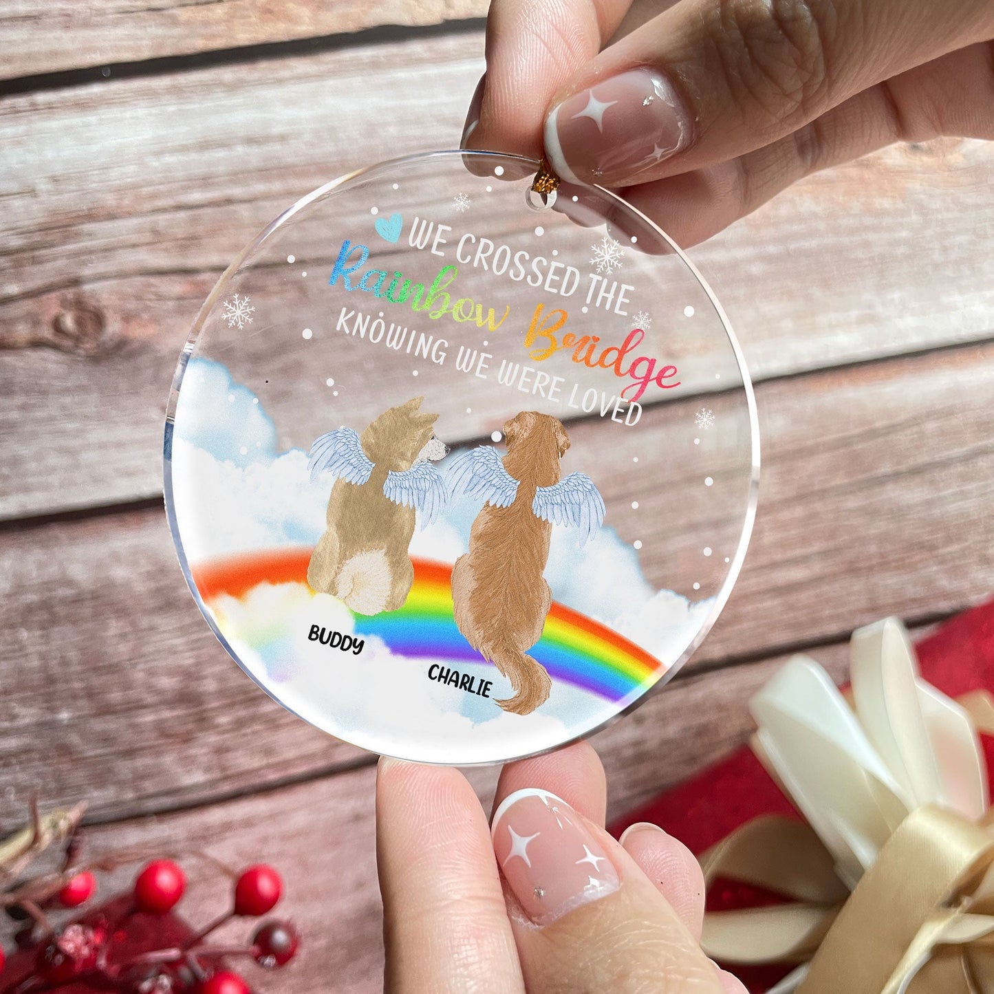 Heartfelt Custom Dog Memorial For Loved One Ornament: 'Rainbow Bridge, Loved Forever'