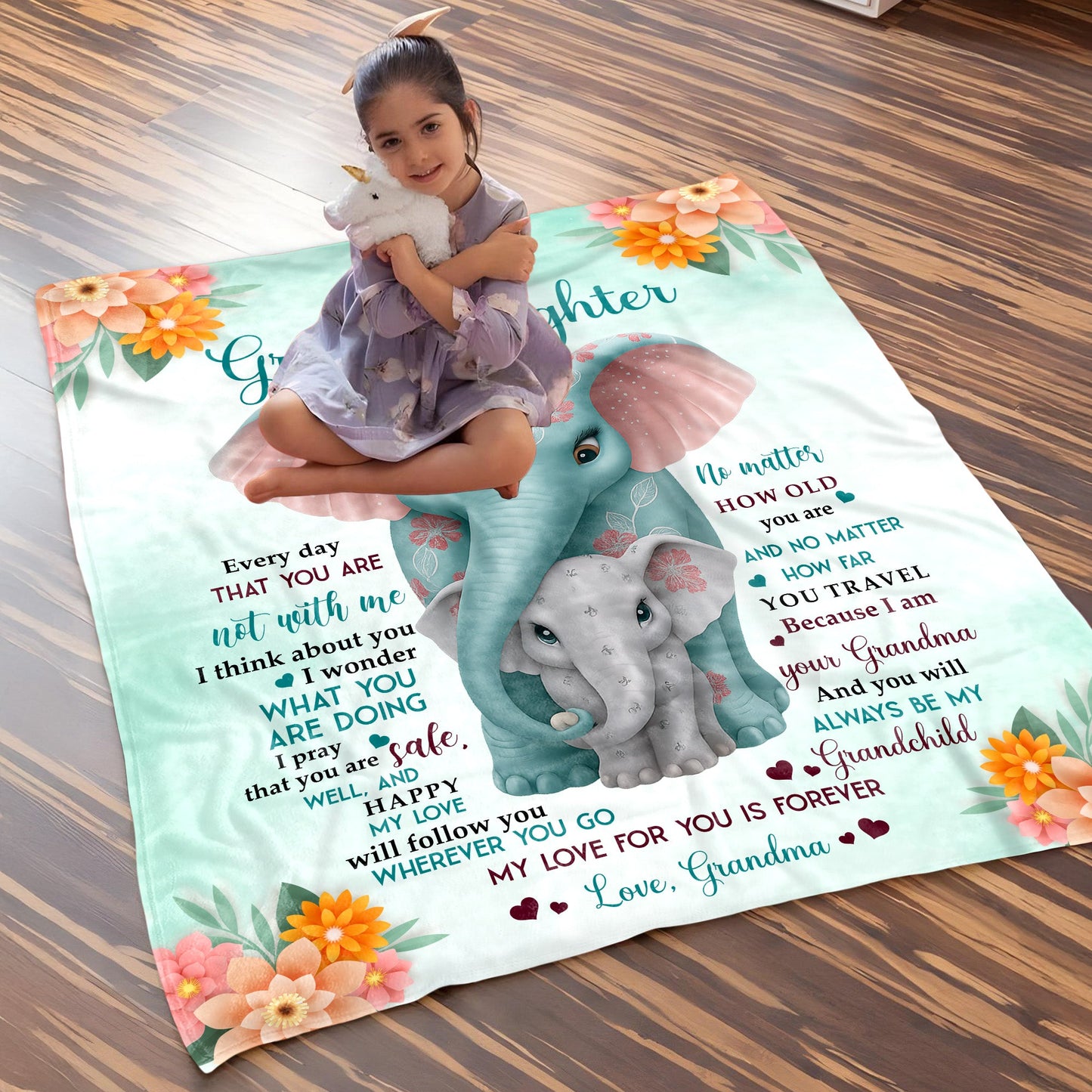 To My Granddaughter,Love & Blessings - Personalized Elephant & Flowers Blanket