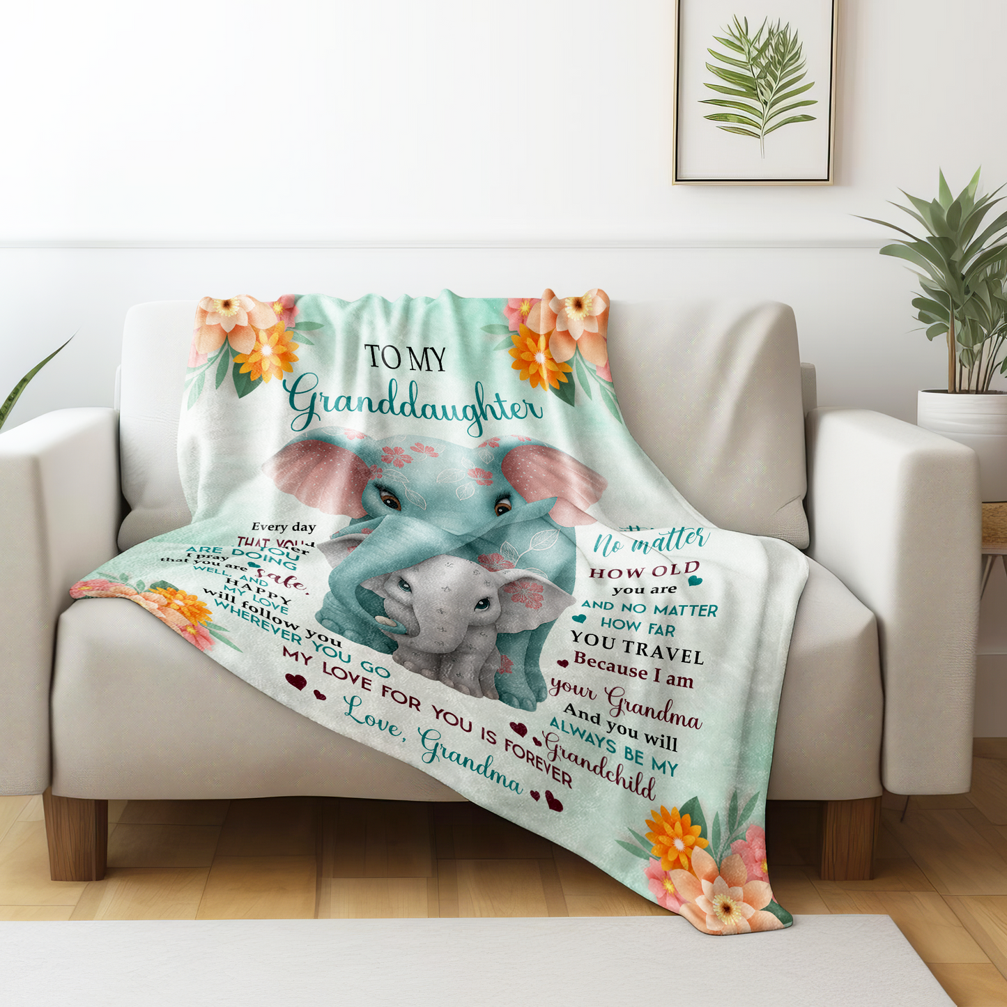 To My Granddaughter,Love & Blessings - Personalized Elephant & Flowers Blanket