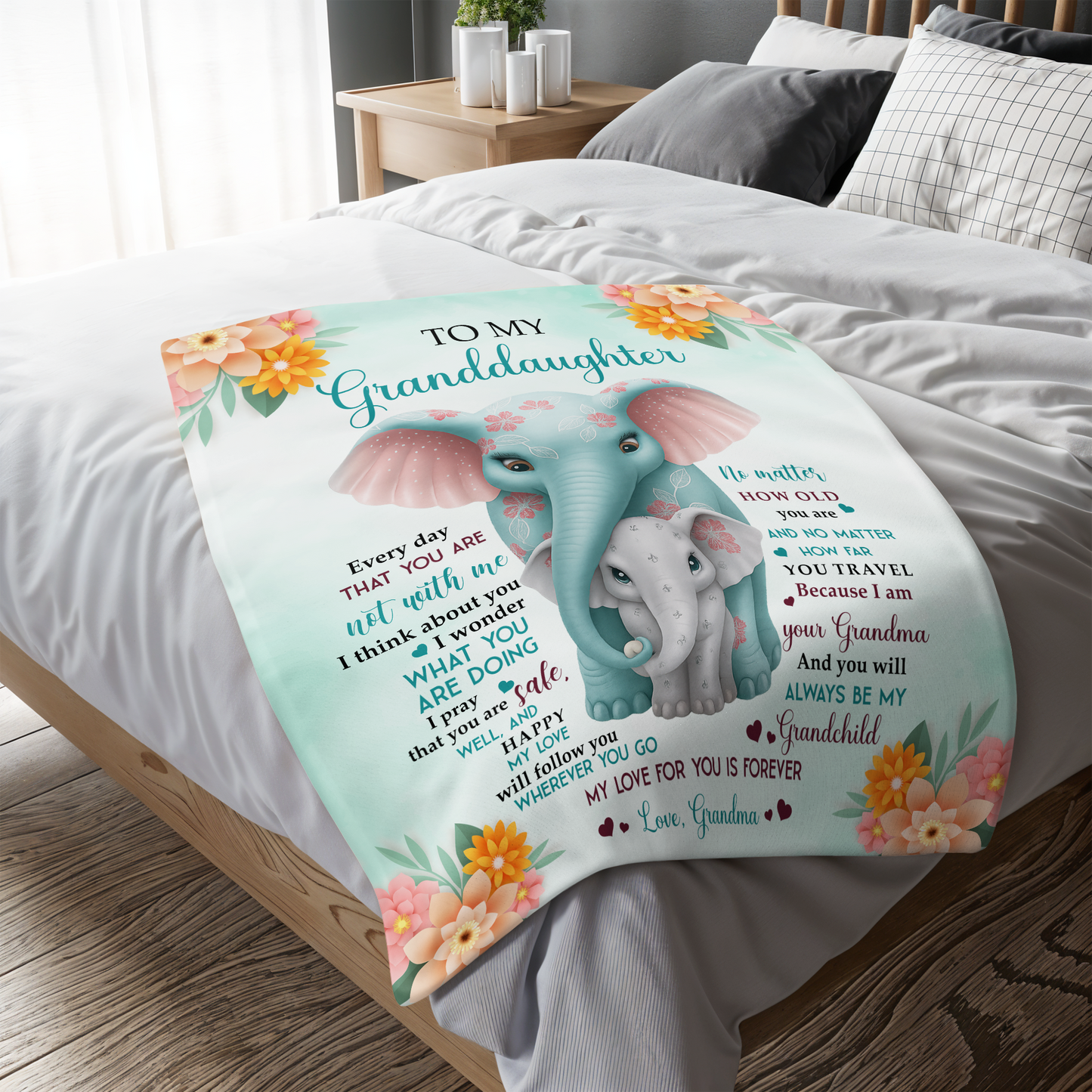 To My Granddaughter,Love & Blessings - Personalized Elephant & Flowers Blanket