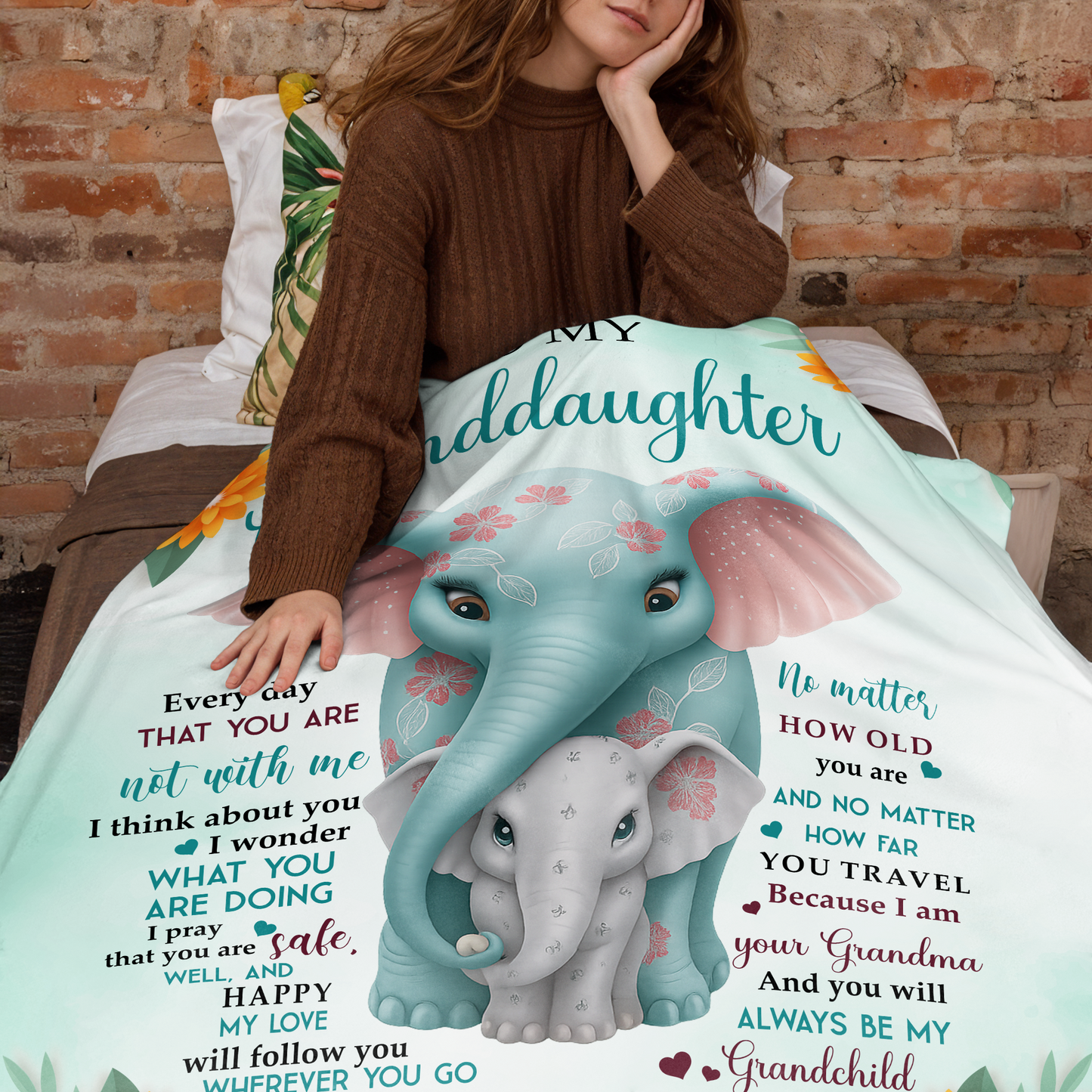 To My Granddaughter,Love & Blessings - Personalized Elephant & Flowers Blanket