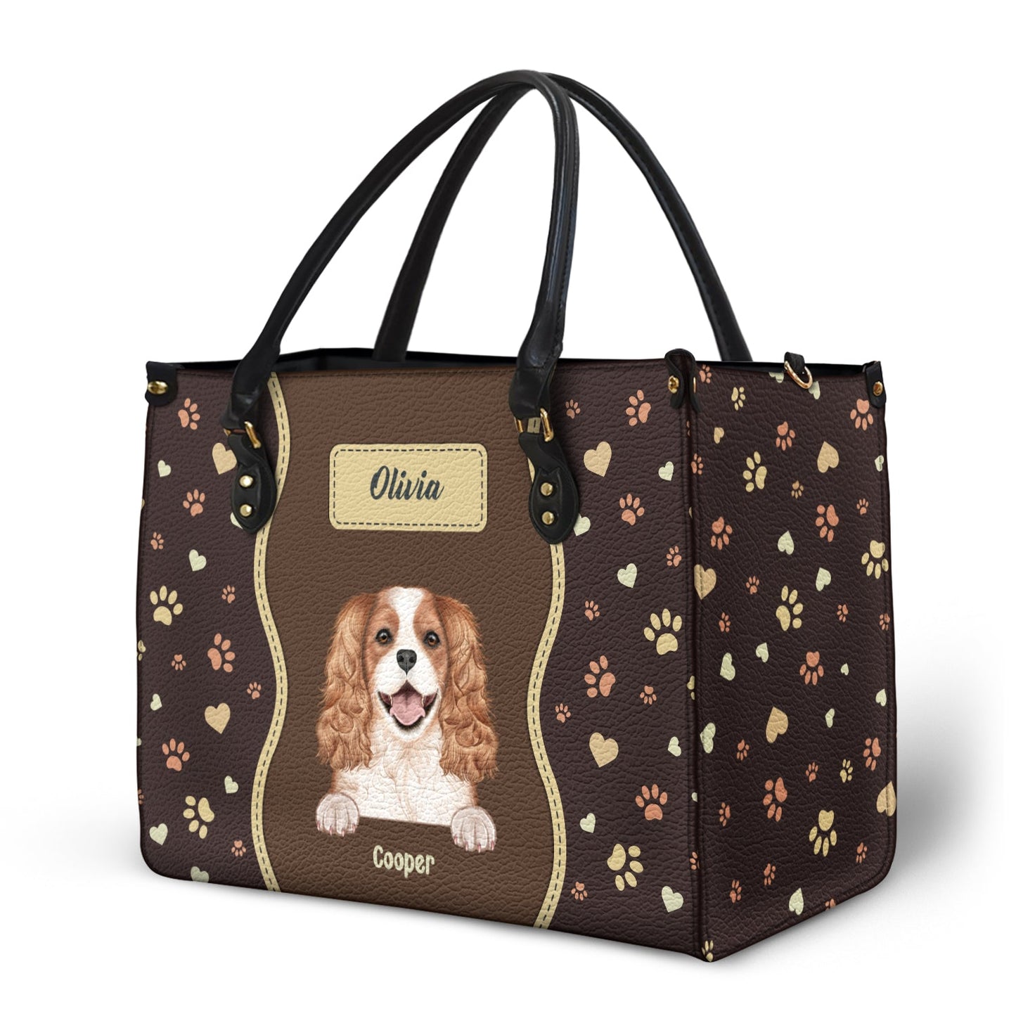Custom Personalized Pet Portrait Leather Tote Bag for Cat & Dog Moms
