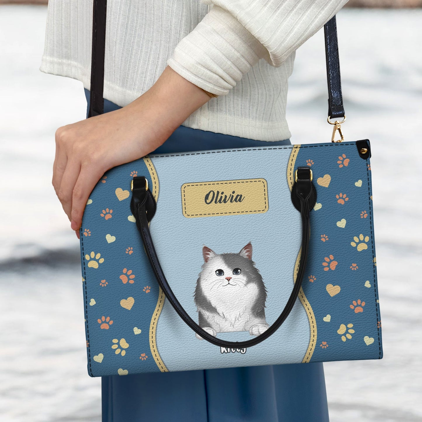 Custom Personalized Pet Portrait Leather Tote Bag for Cat & Dog Moms