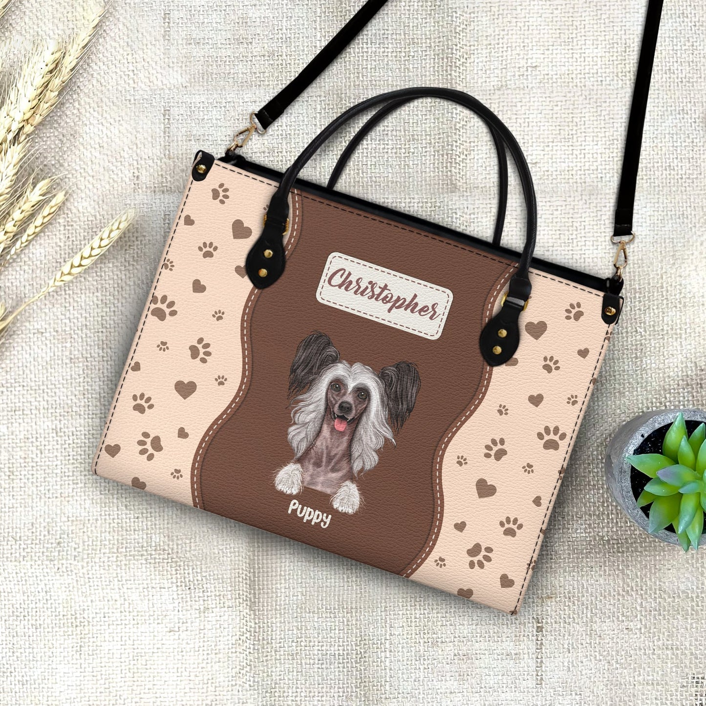 Custom Personalized Pet Portrait Leather Tote Bag for Cat & Dog Moms