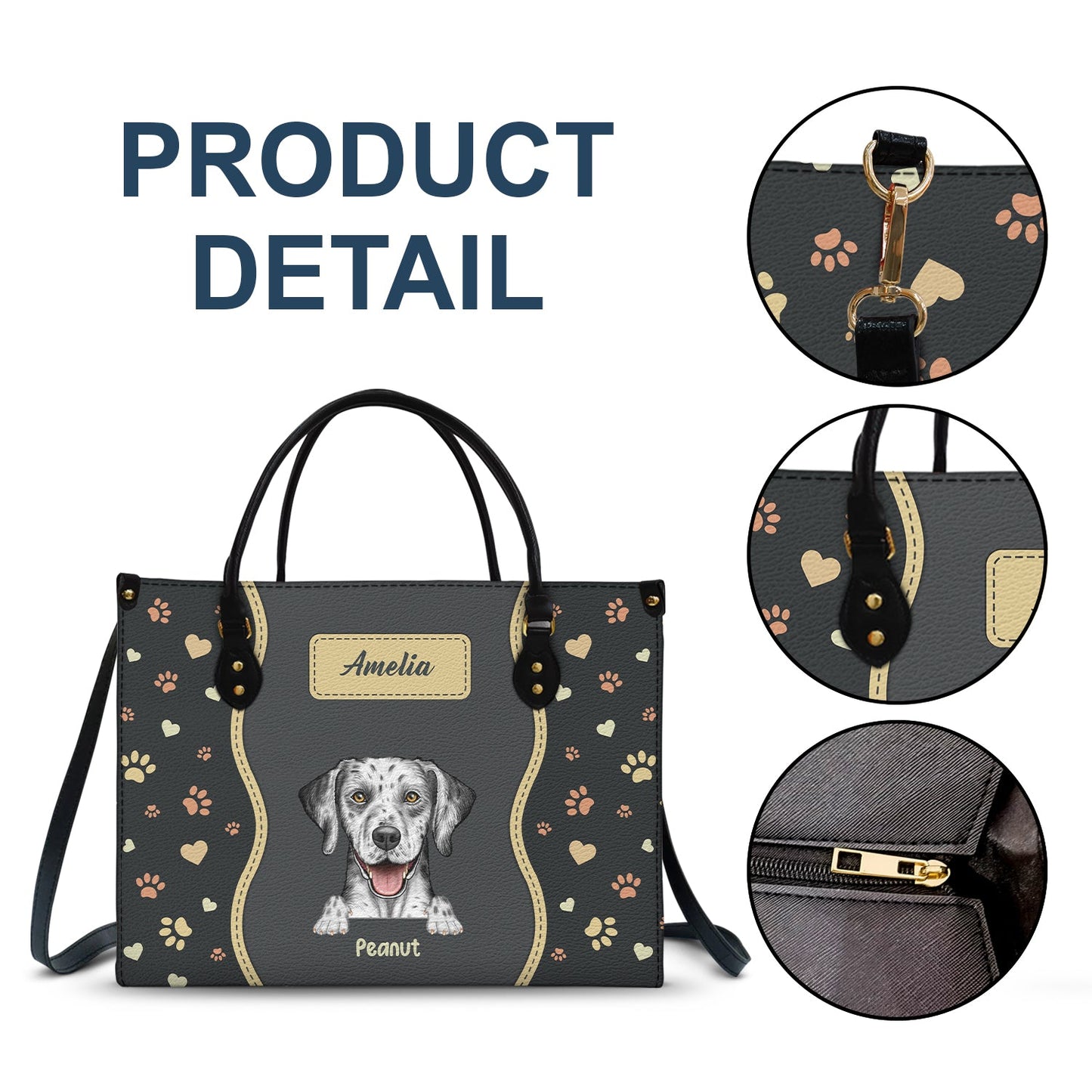 Custom Personalized Pet Portrait Leather Tote Bag for Cat & Dog Moms