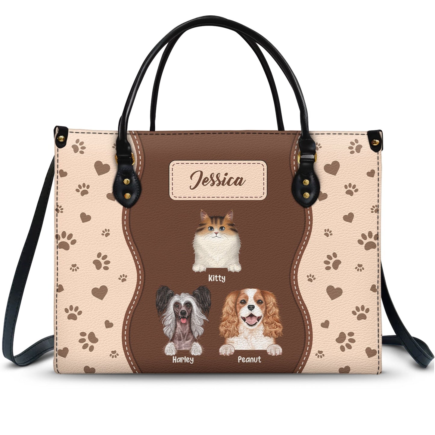 Custom Personalized Pet Portrait Leather Tote Bag for Cat & Dog Moms