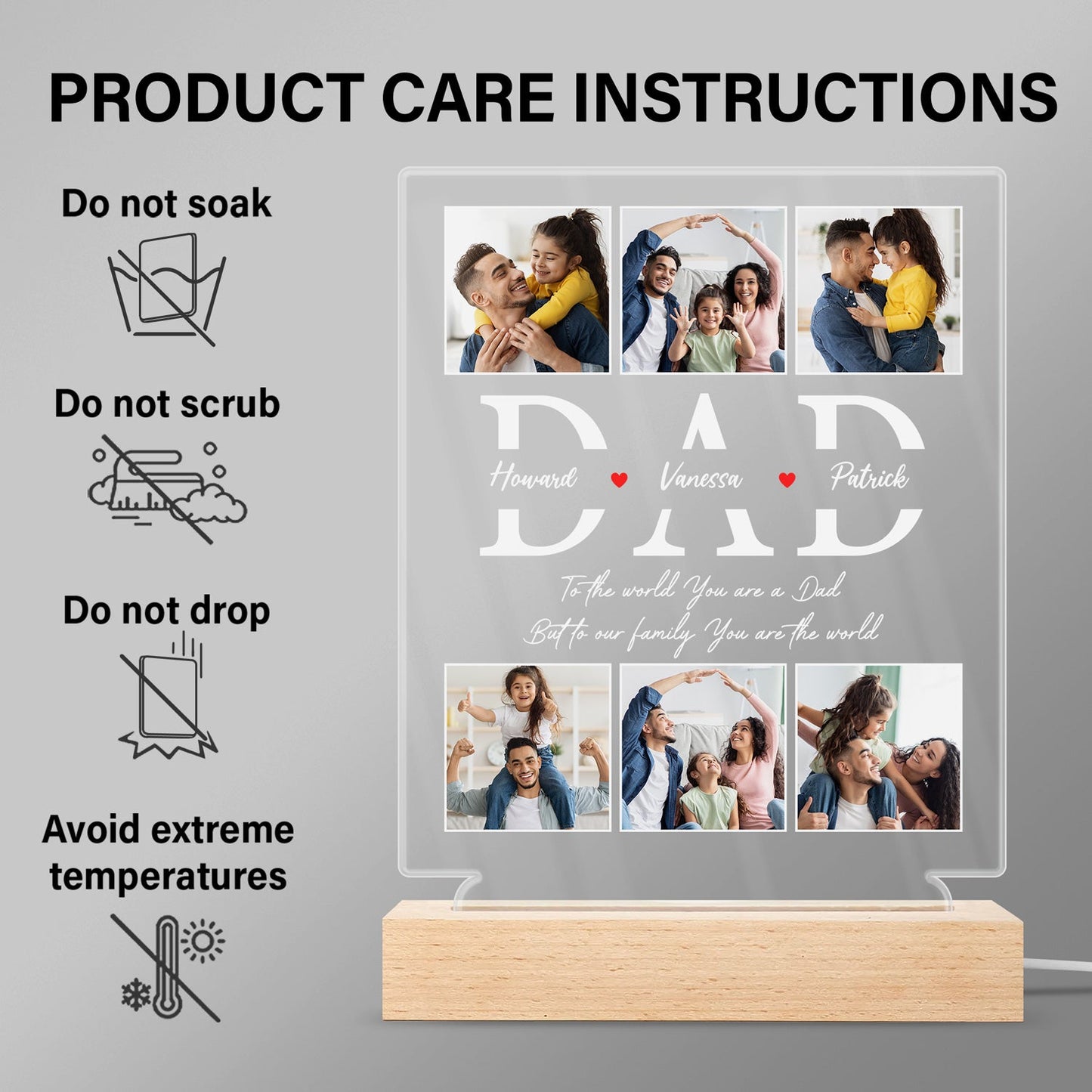 Custom Photo 3D LED Light for Dad - 'You Are The World' Keepsake Gift