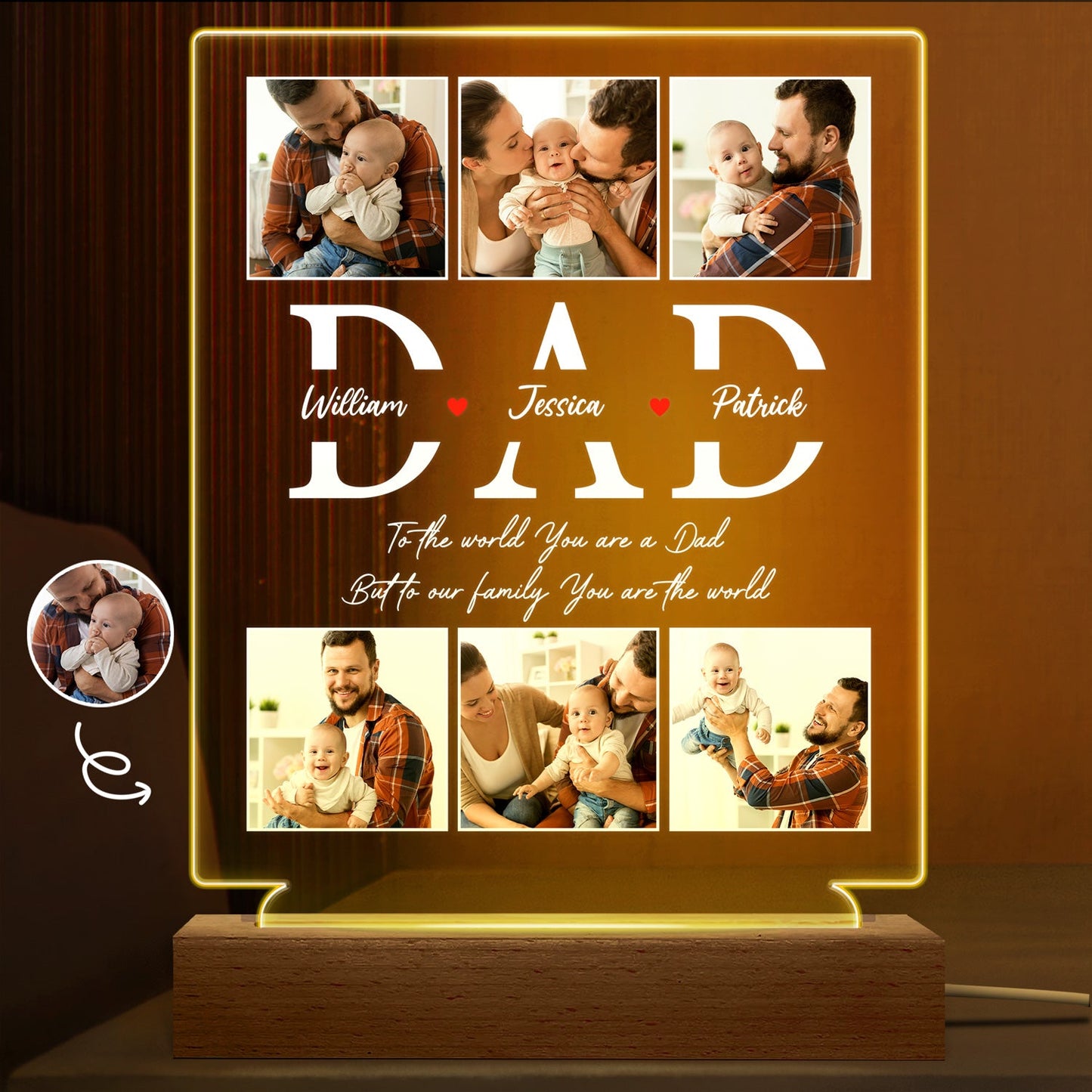 Custom Photo 3D LED Light for Dad - 'You Are The World' Keepsake Gift
