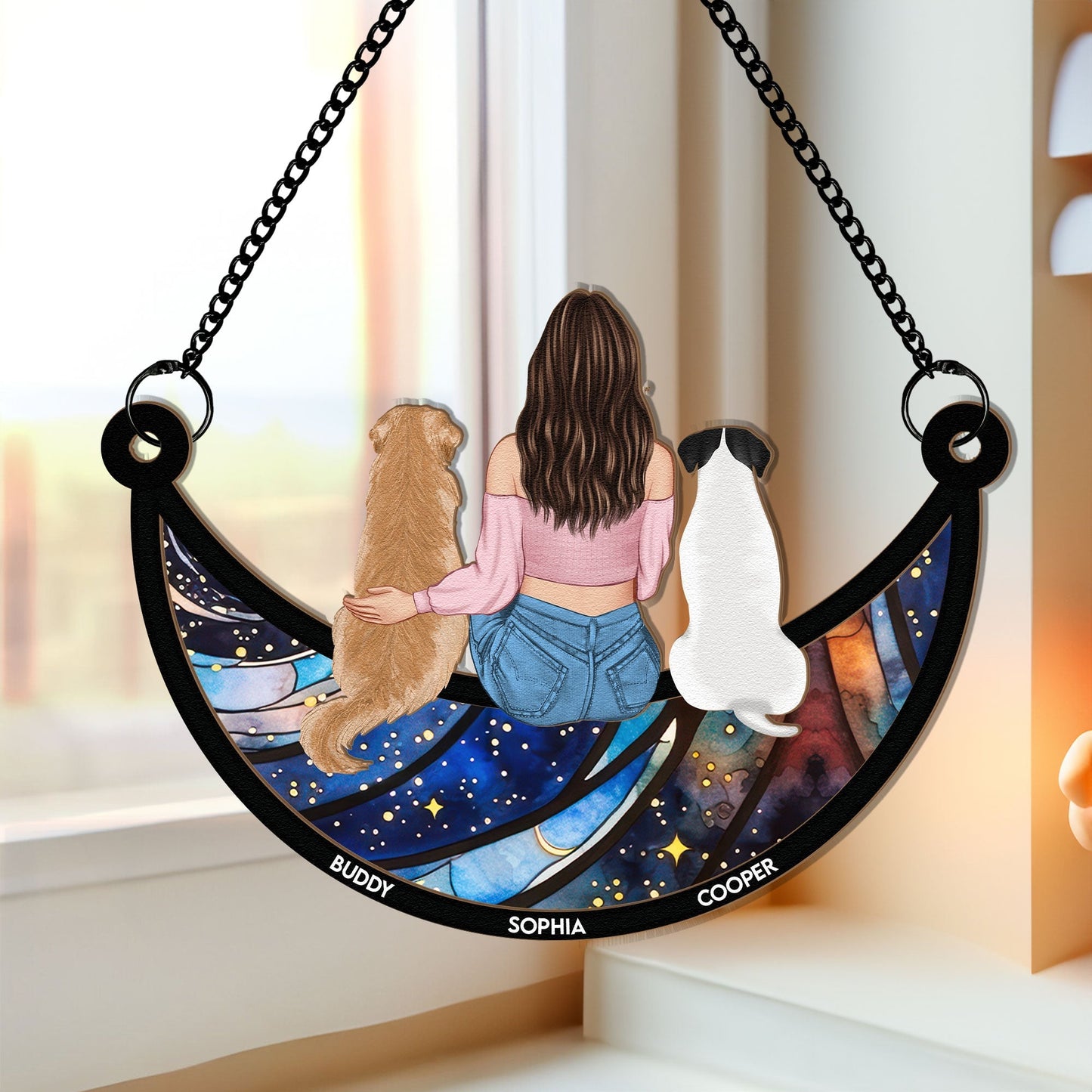 Personalized Dog Lover Suncatcher: Custom Pet & Owner Moon Ornament
