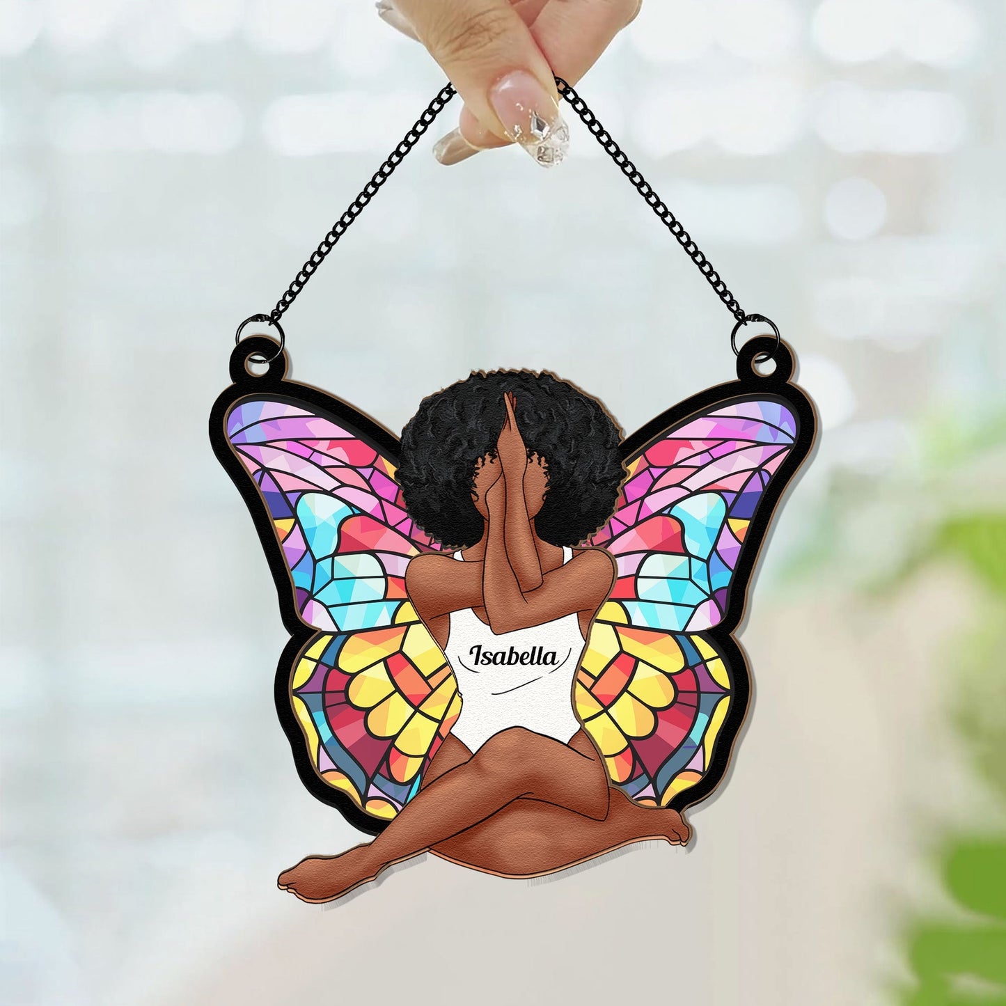 Custom Name Black Woman Butterfly Suncatcher - Empowering Gift for Her