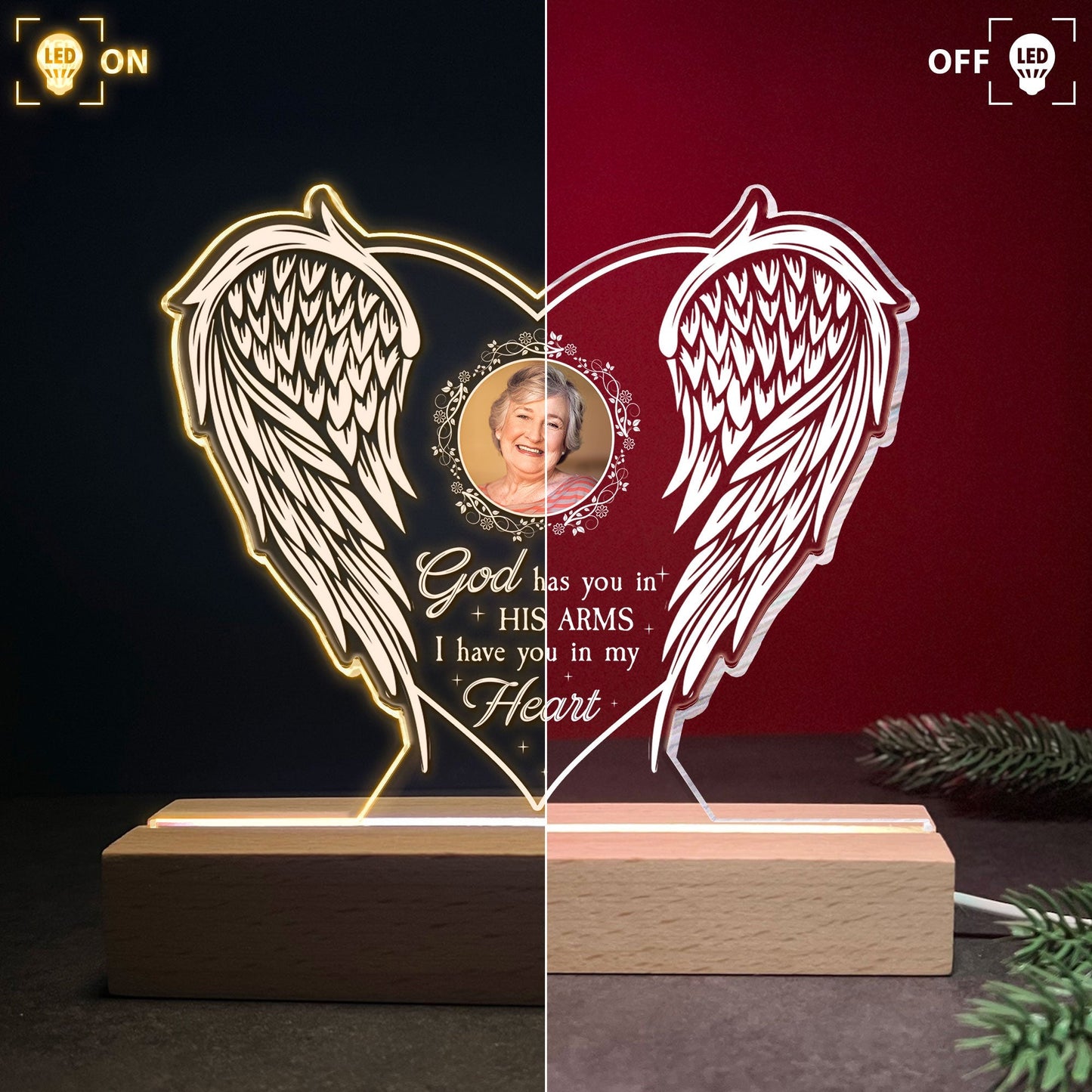 Custom Photo Memorial For Loved One LED Light: 'God Has You In His Arms' Keepsake Gift
