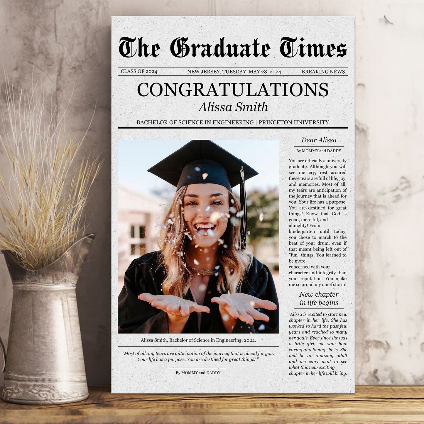 Personalized Graduate Newspaper Canvas - 'Destined for Great Things' Gift