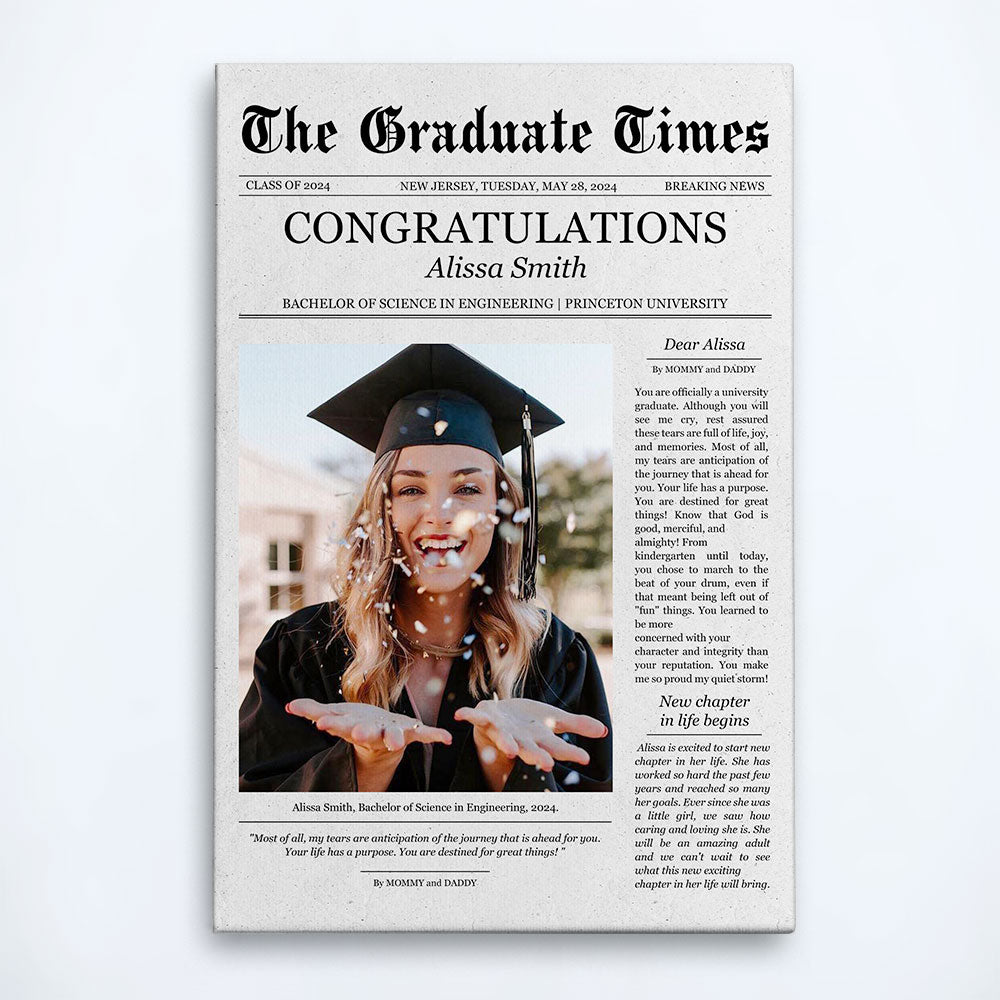 Personalized Graduate Newspaper Canvas - 'Destined for Great Things' Gift