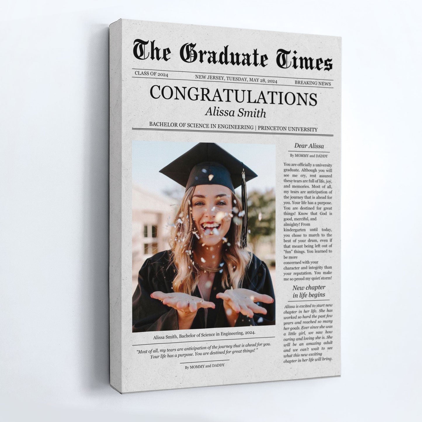 Personalized Graduate Newspaper Canvas - 'Destined for Great Things' Gift