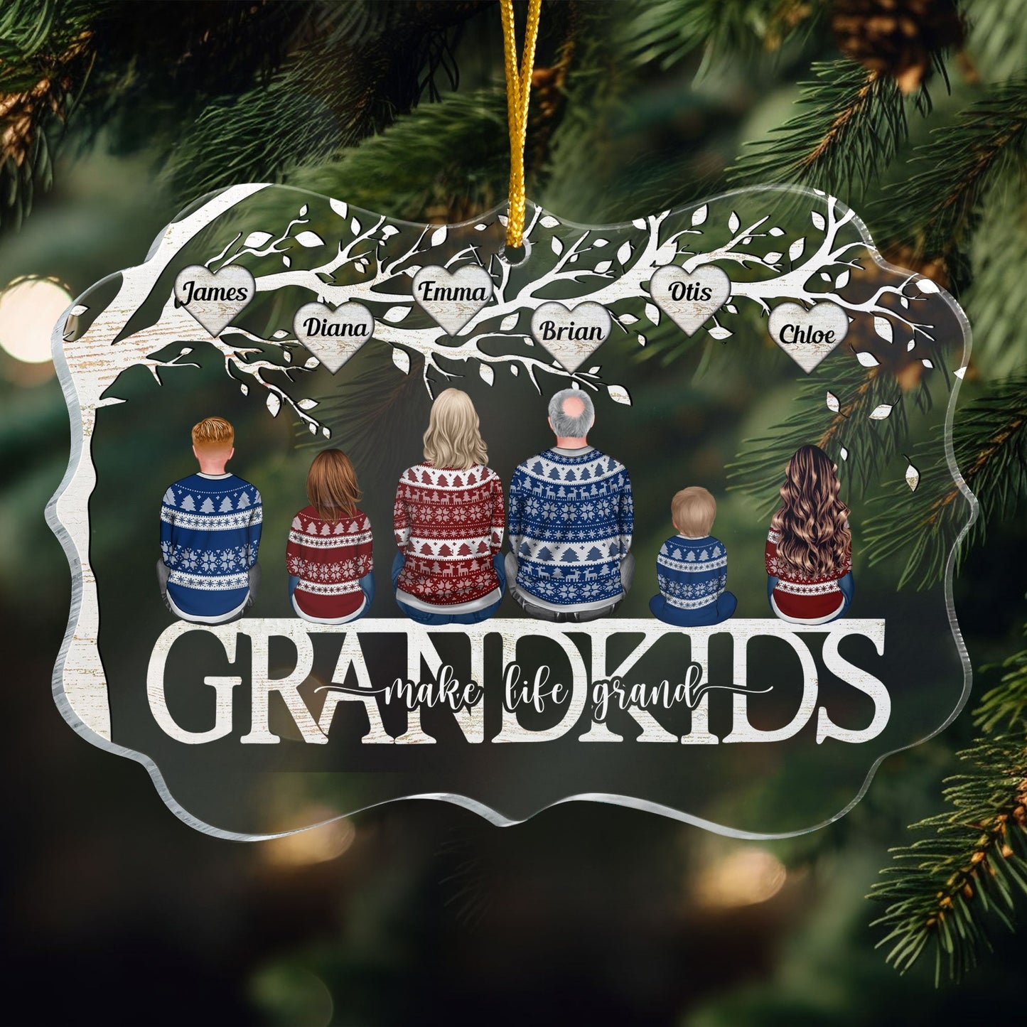 "Grandkids Make Life More Grand" Personalized Family Tree Acrylic Ornament