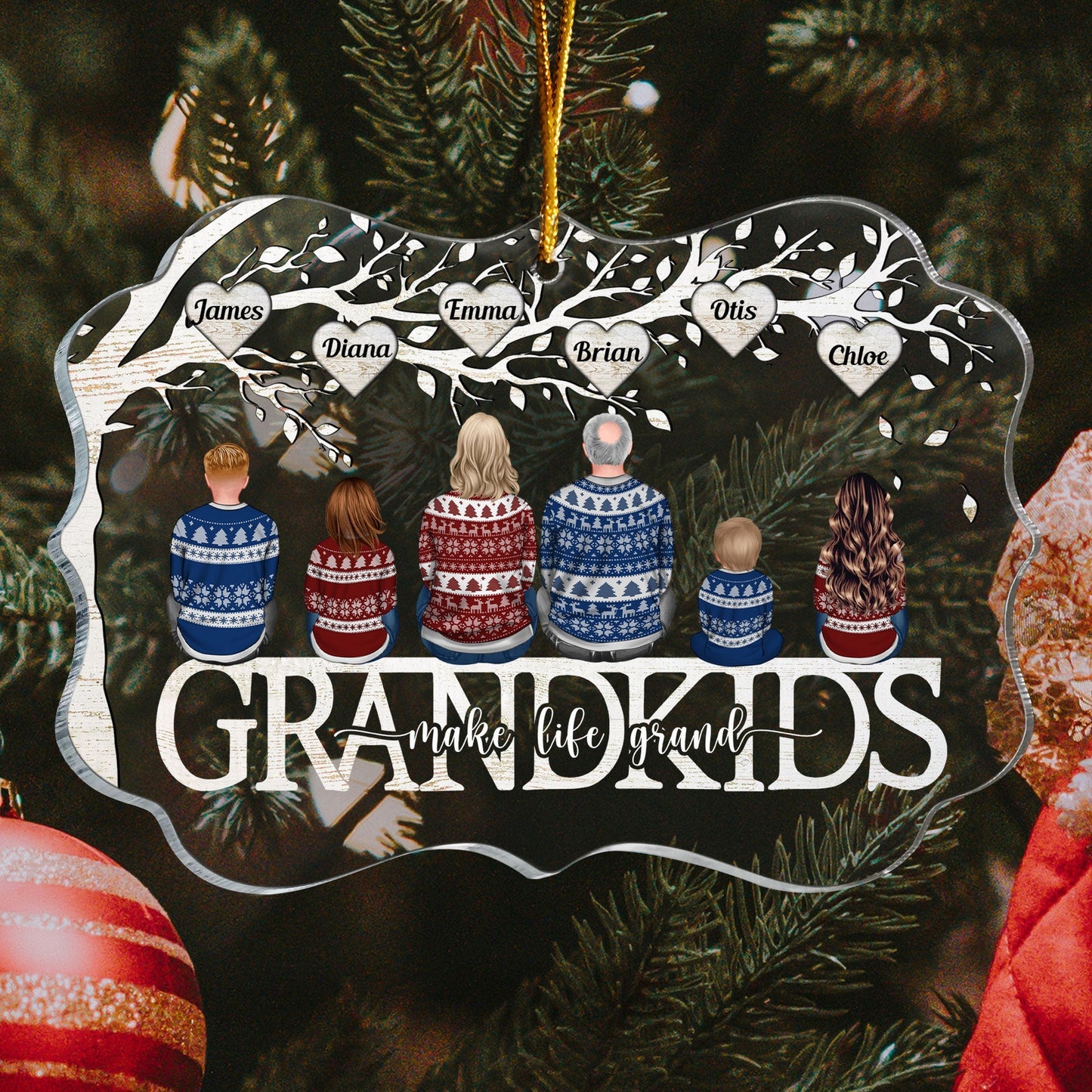 "Grandkids Make Life More Grand" Personalized Family Tree Acrylic Ornament