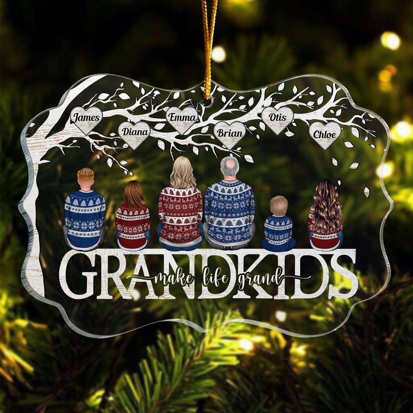 "Grandkids Make Life More Grand" Personalized Family Tree Acrylic Ornament