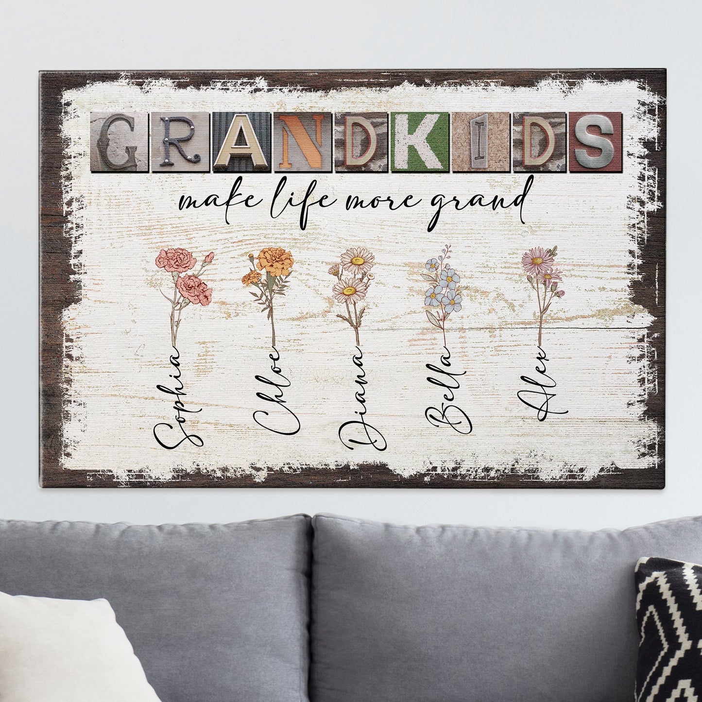 Personalized Grandparents Canvas: 'Grandkids Make Life More Grand' with Birth Flowers