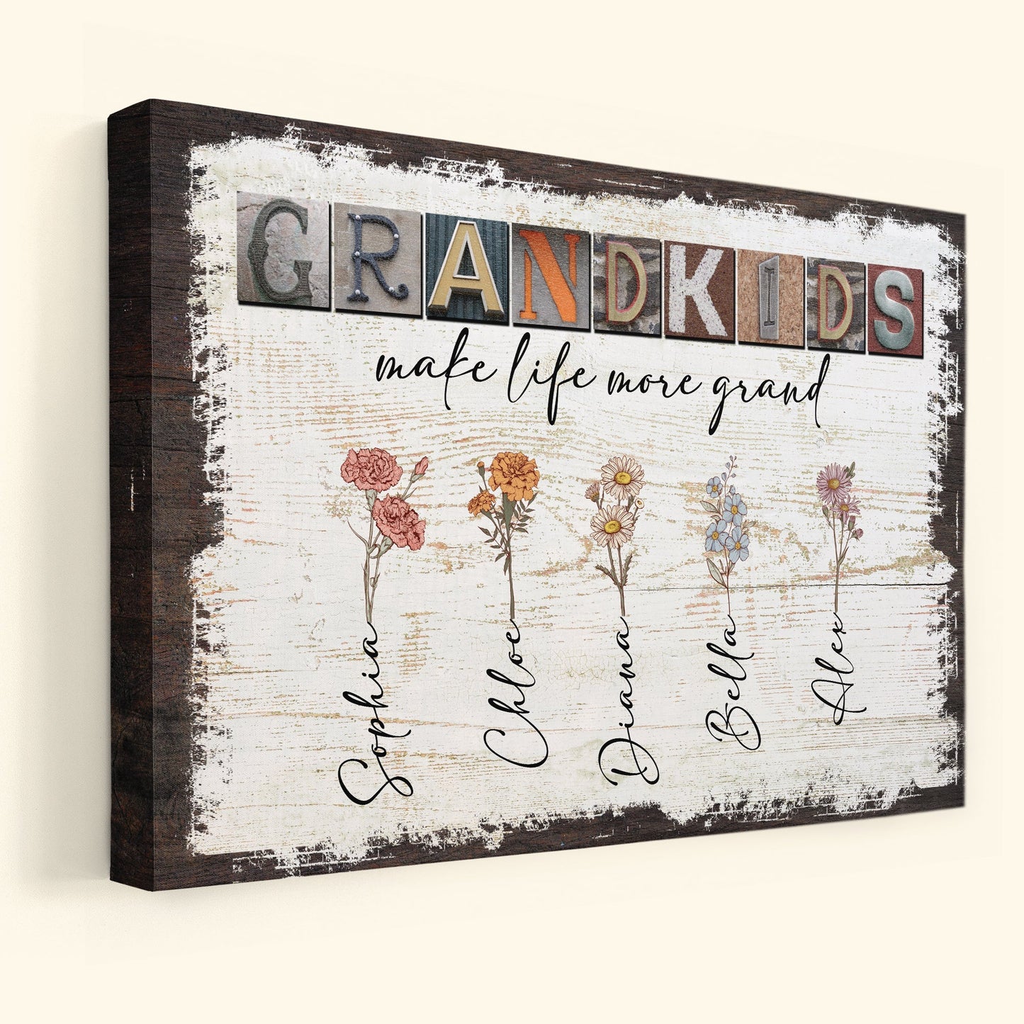 Personalized Grandparents Canvas: 'Grandkids Make Life More Grand' with Birth Flowers