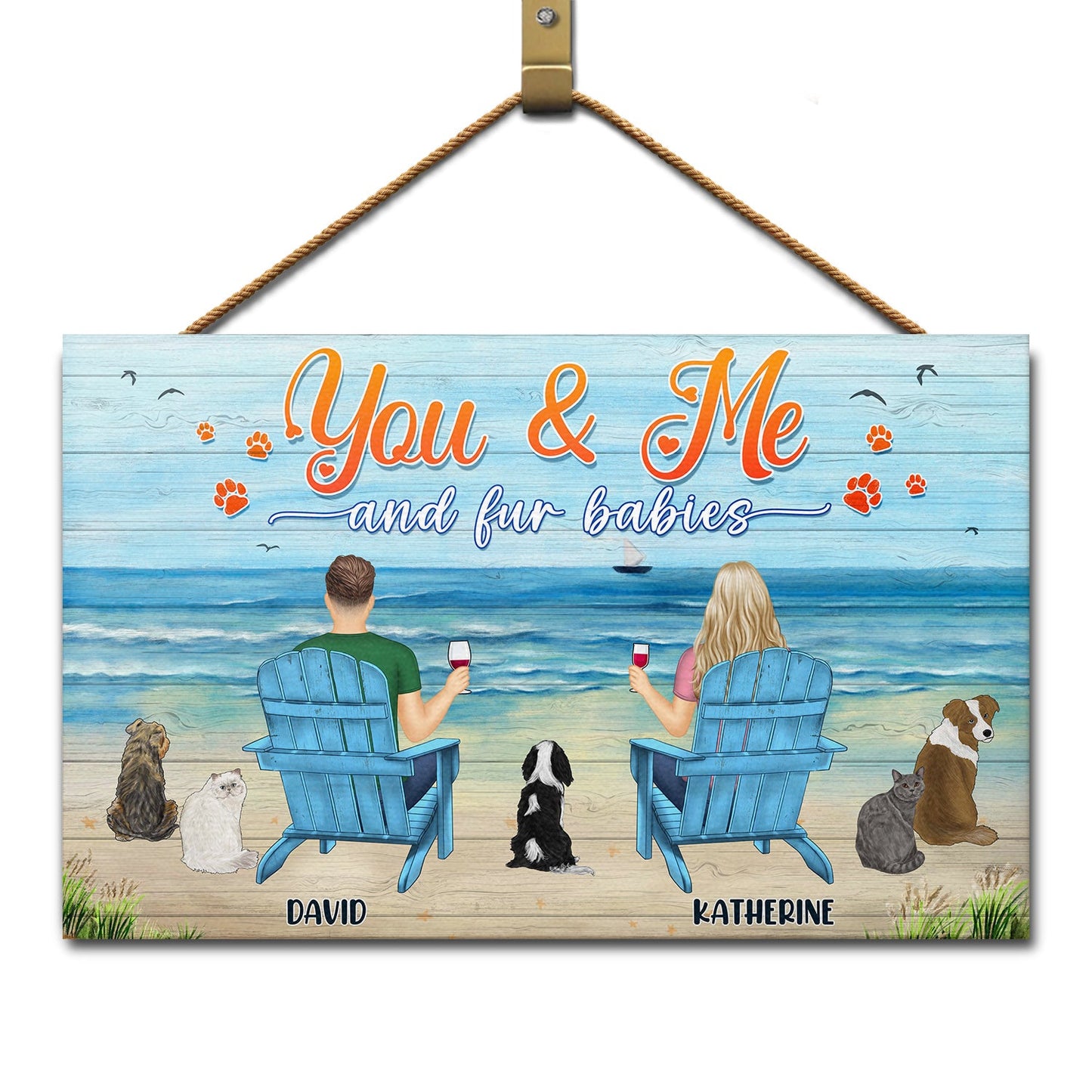 Personalized "You & Me and Fur Babies" Beach Couple & Pet Wood Sign