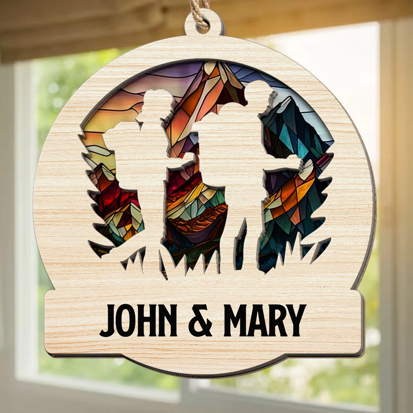 Personalized 'Our Happy Place' Suncatcher Ornament for Hiking Couples