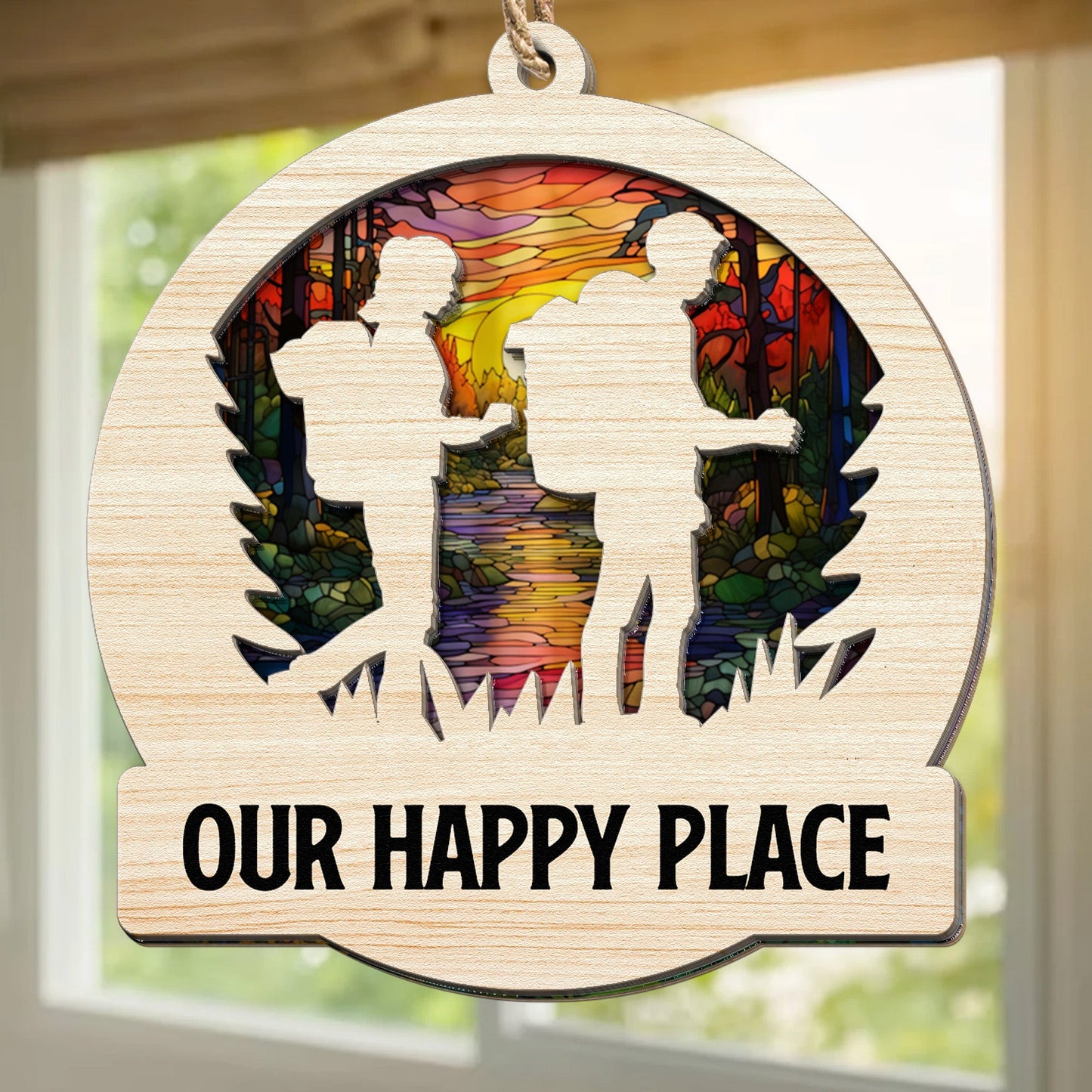 Personalized 'Our Happy Place' Suncatcher Ornament for Hiking Couples