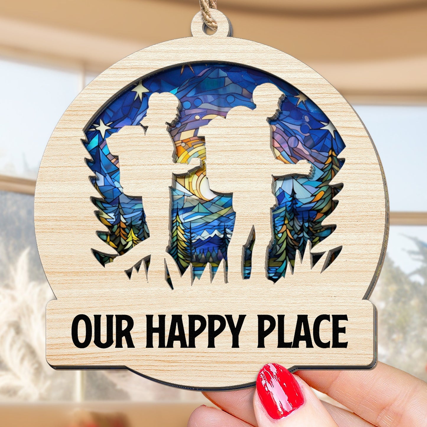 Personalized 'Our Happy Place' Suncatcher Ornament for Hiking Couples