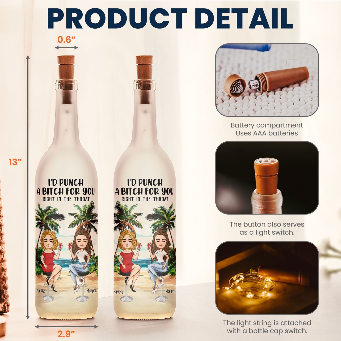 Custom 'I'd Punch A B*tch For You' Bottle Light - Best Friend Gift