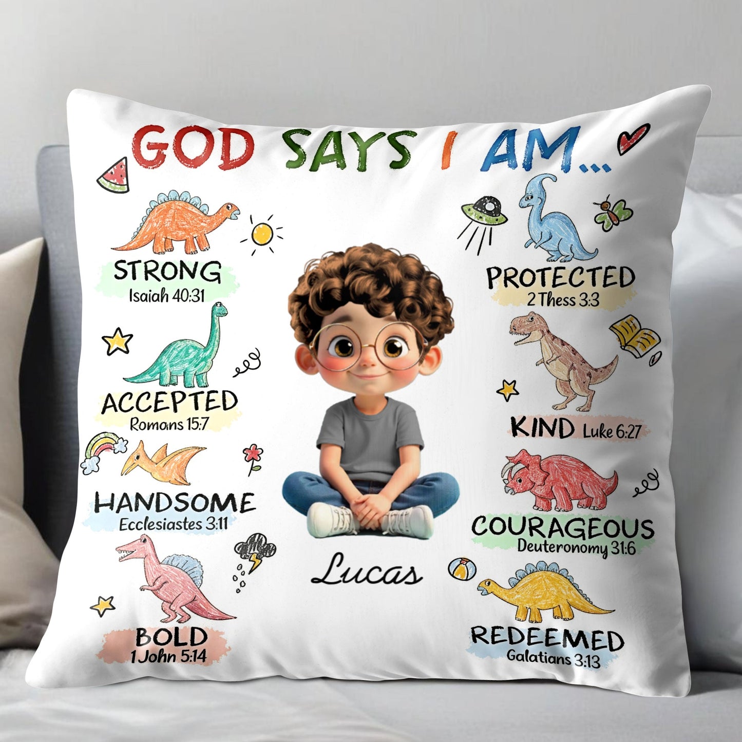 God Says I Am Strong, Protected, Kind, Cartoon Child Pillow