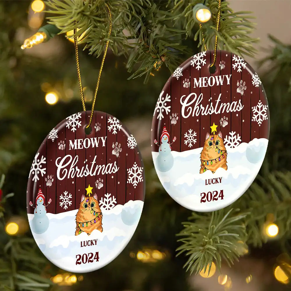 Personalized "Meowy Christmas" Cat Lover Christmas Ceramic Ornament