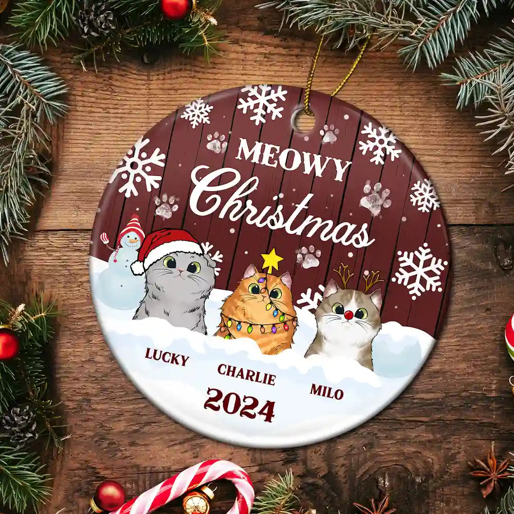 Personalized "Meowy Christmas" Cat Lover Christmas Ceramic Ornament