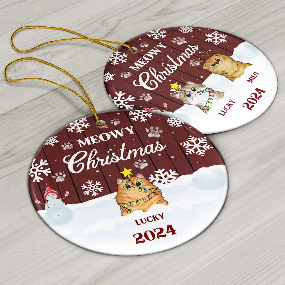 Personalized "Meowy Christmas" Cat Lover Christmas Ceramic Ornament