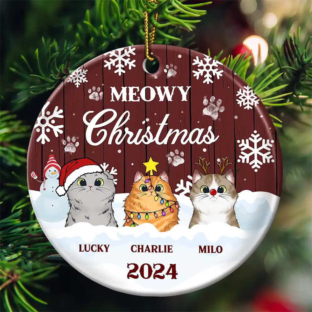 Personalized "Meowy Christmas" Cat Lover Christmas Ceramic Ornament
