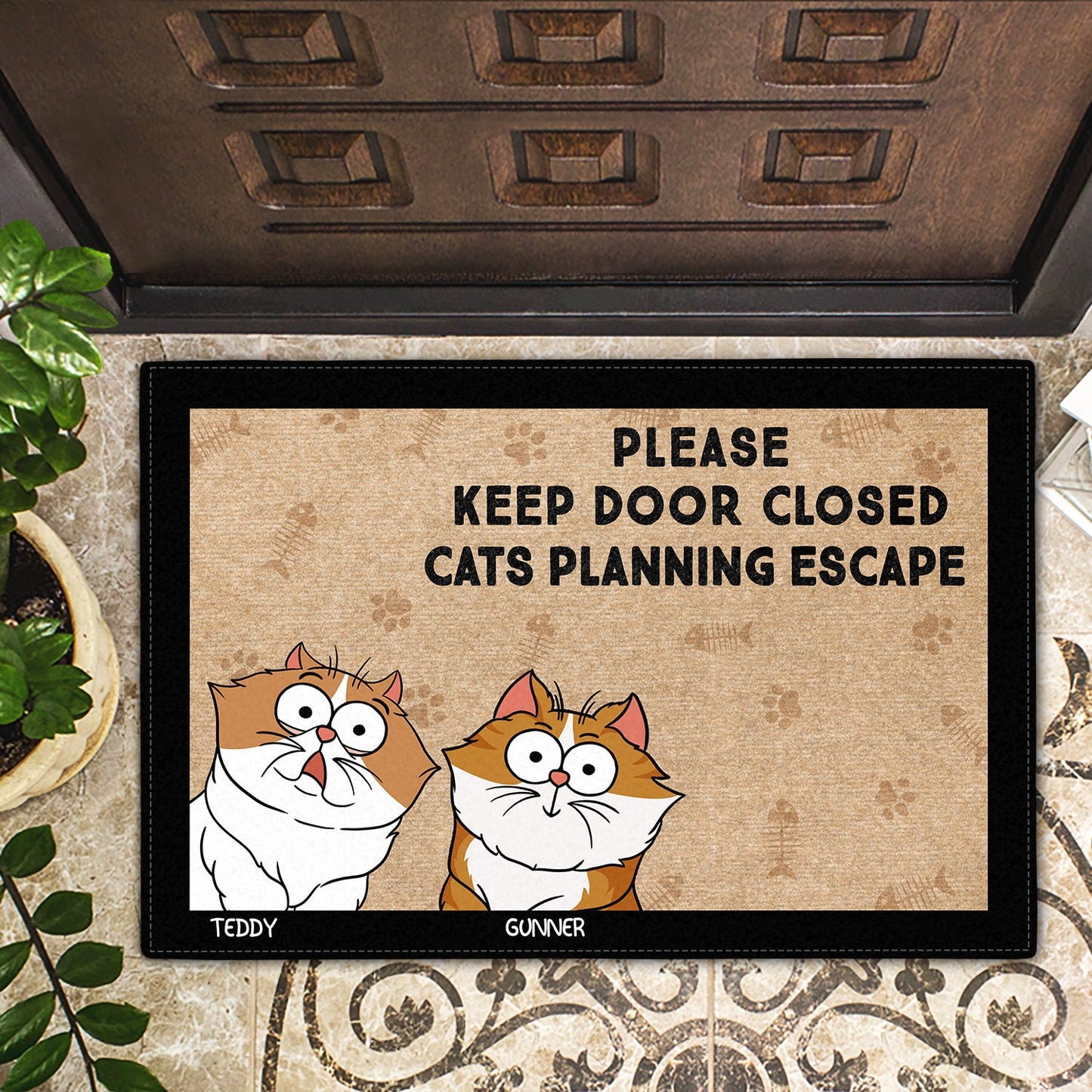 Personalized Funny Pet Lovers Doormat - "Pets Planning Escape" & Custom Names