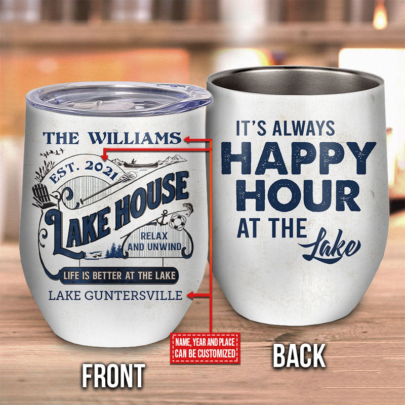 Custom Stainless Steel Lake House Tumbler: 'Happy Hour at the Lake'